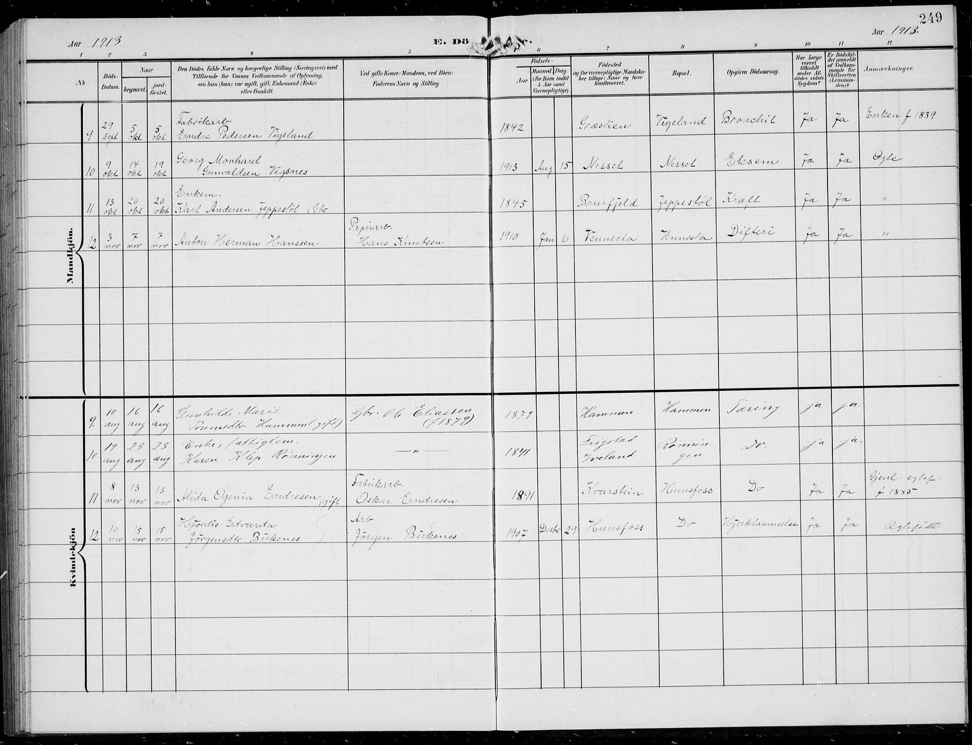 Vennesla sokneprestkontor, AV/SAK-1111-0045/Fb/Fbb/L0005: Parish register (copy) no. B 5, 1903-1913, p. 249