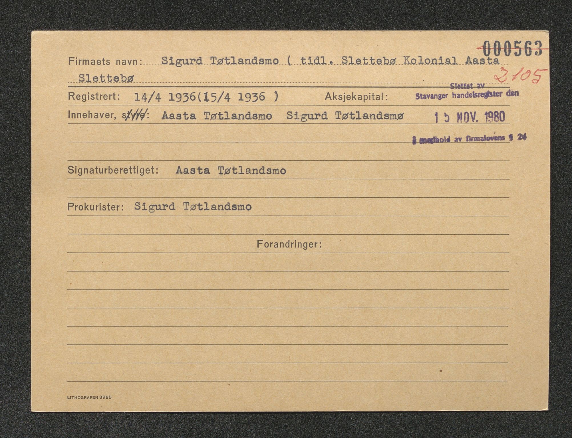 Stavanger byfogd, AV/SAST-A-101408/001/4/42/422/4221A/L0005: Register over slettede firma N-R, 1891-1987, p. 527