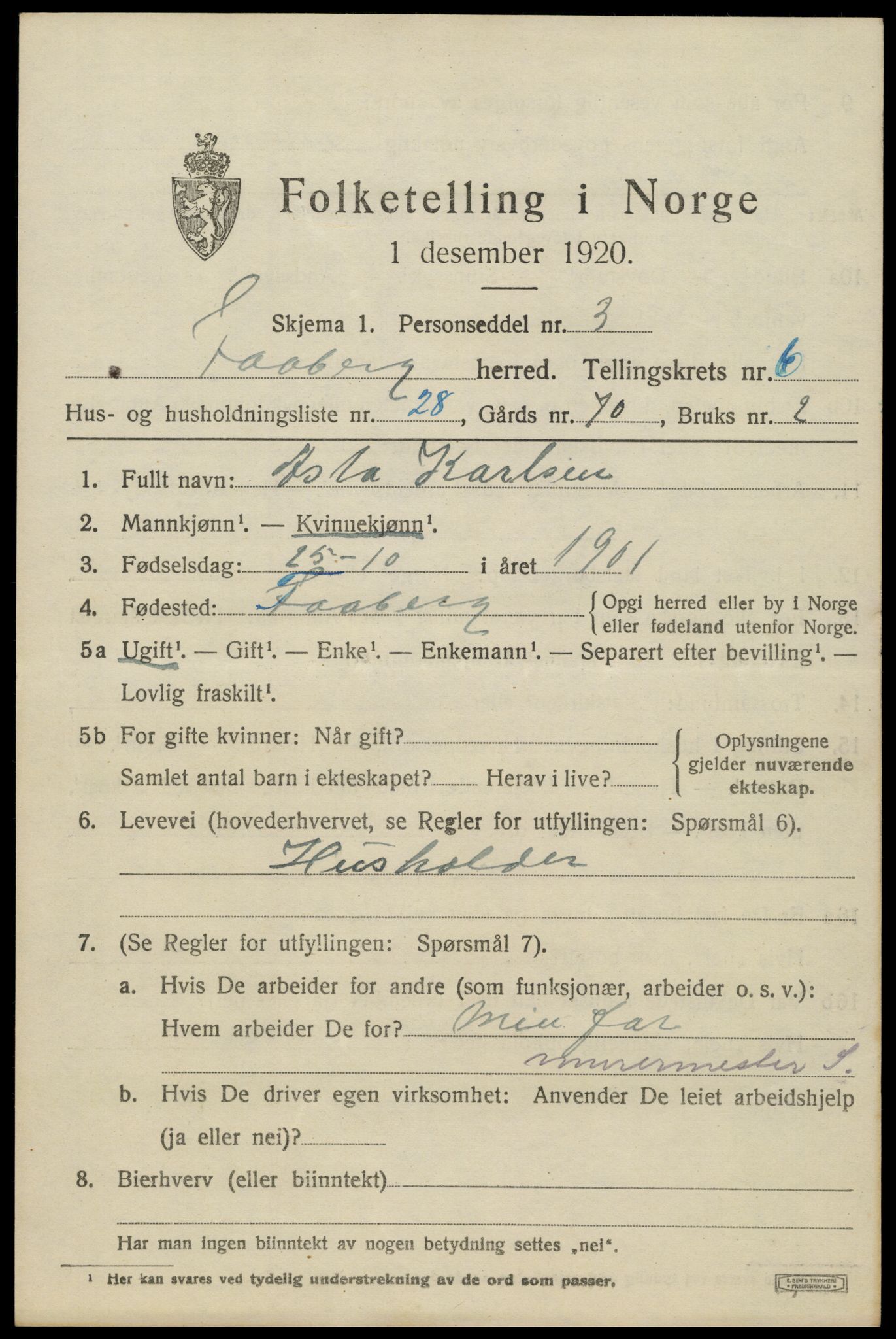 SAH, 1920 census for Fåberg, 1920, p. 7626