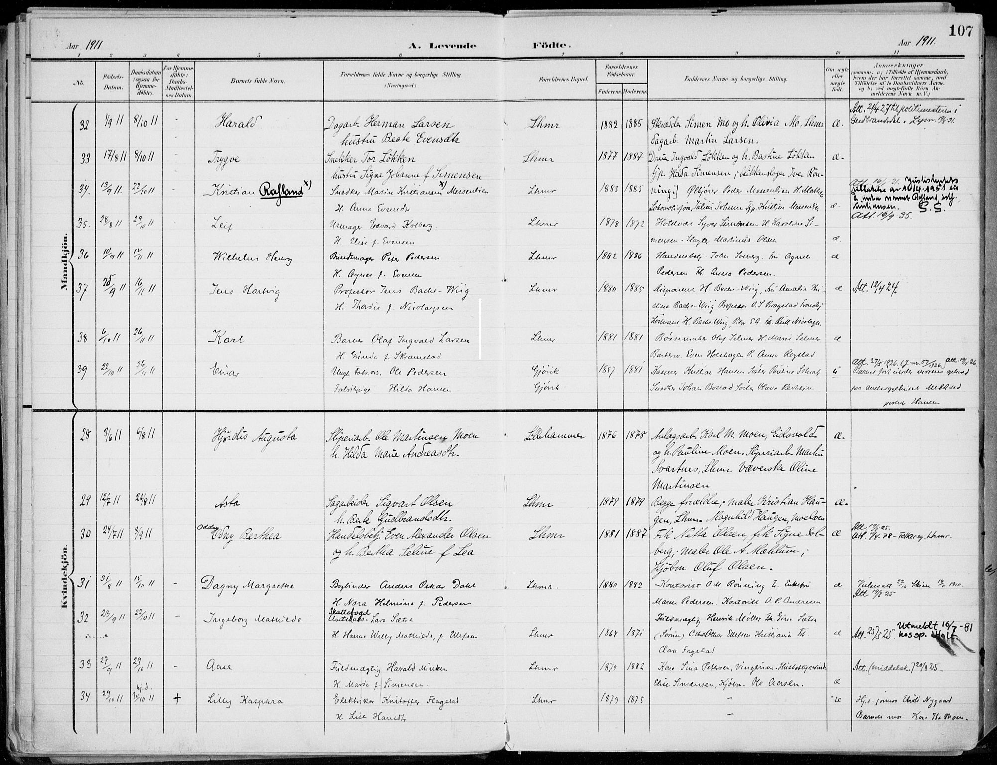 Lillehammer prestekontor, AV/SAH-PREST-088/H/Ha/Haa/L0001: Parish register (official) no. 1, 1901-1916, p. 107