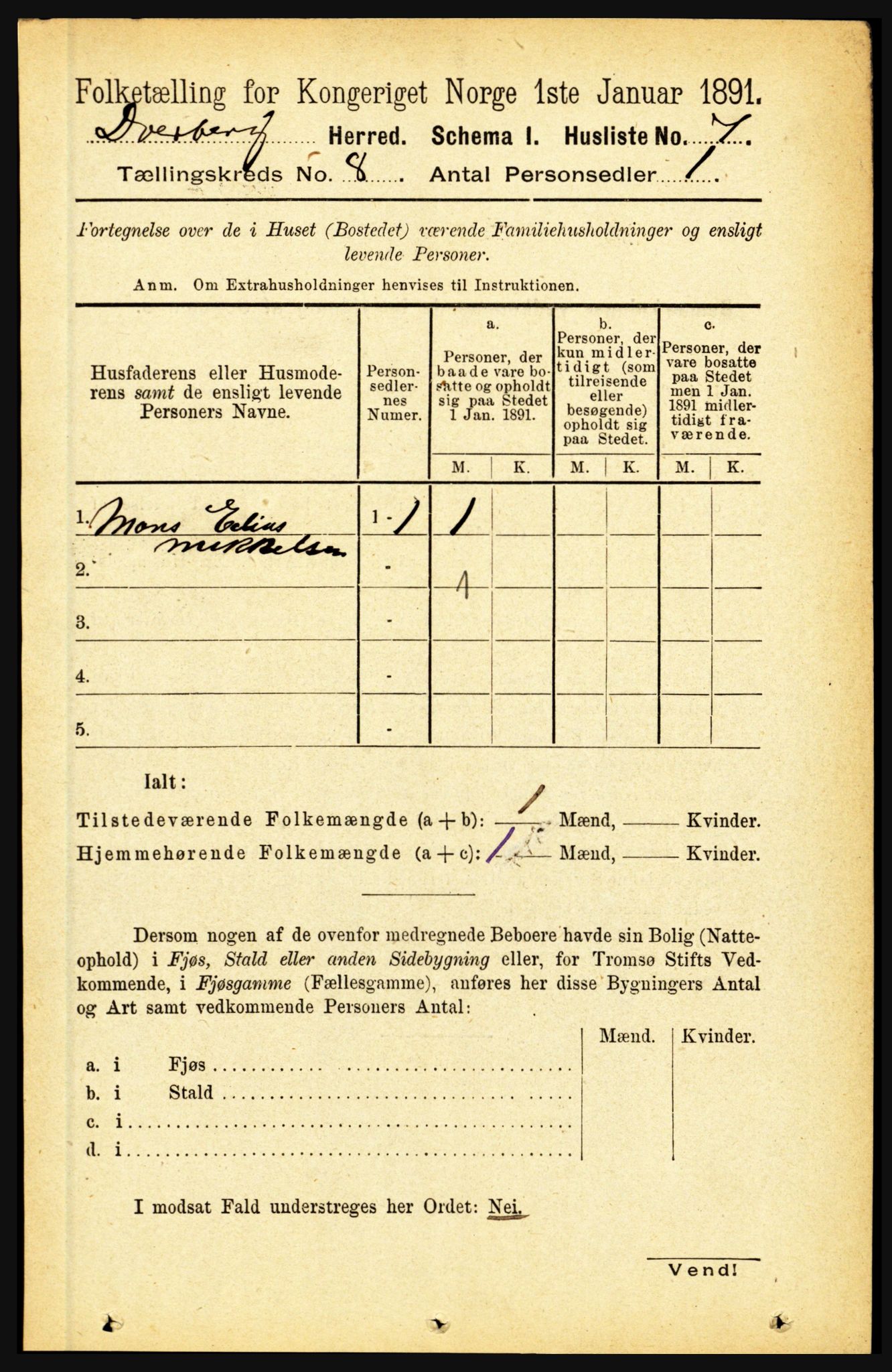 RA, 1891 census for 1872 Dverberg, 1891, p. 3055