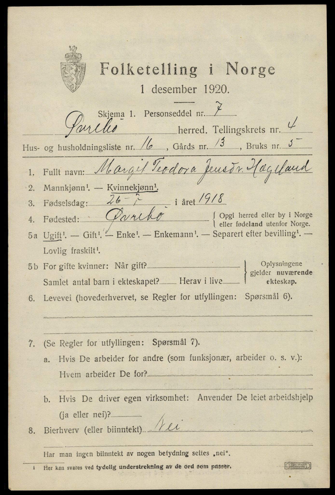 SAK, 1920 census for Øvrebø, 1920, p. 962