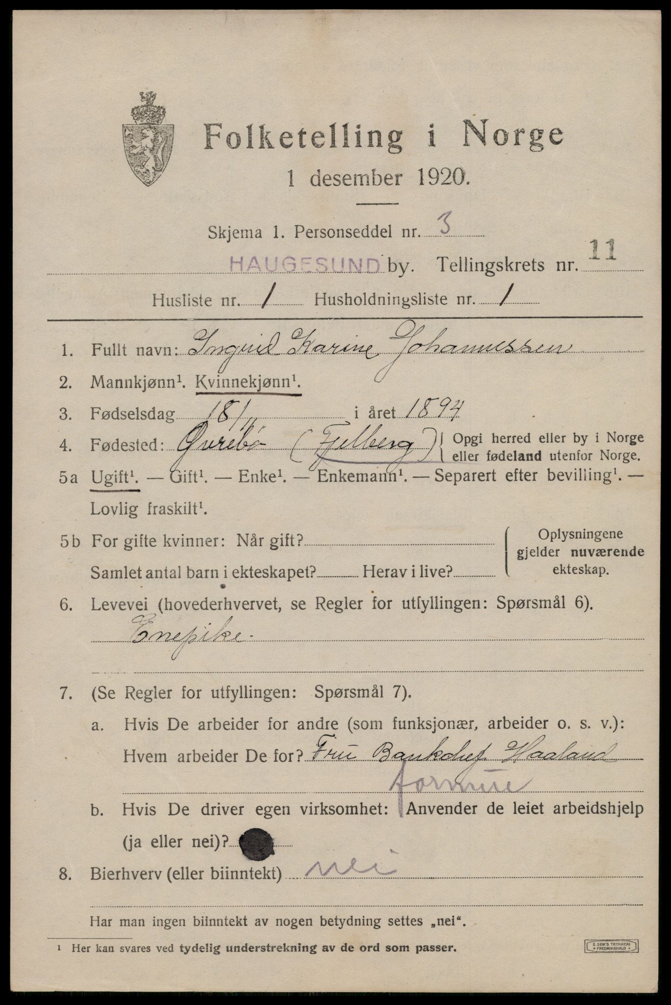 SAST, 1920 census for Haugesund, 1920, p. 36515