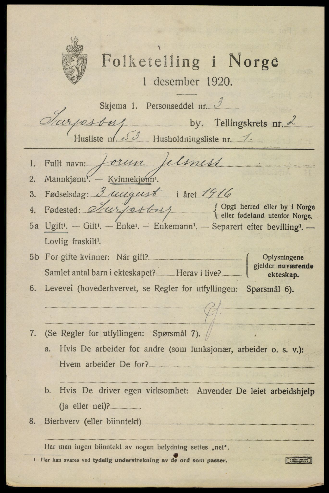 SAO, 1920 census for Sarpsborg, 1920, p. 10266