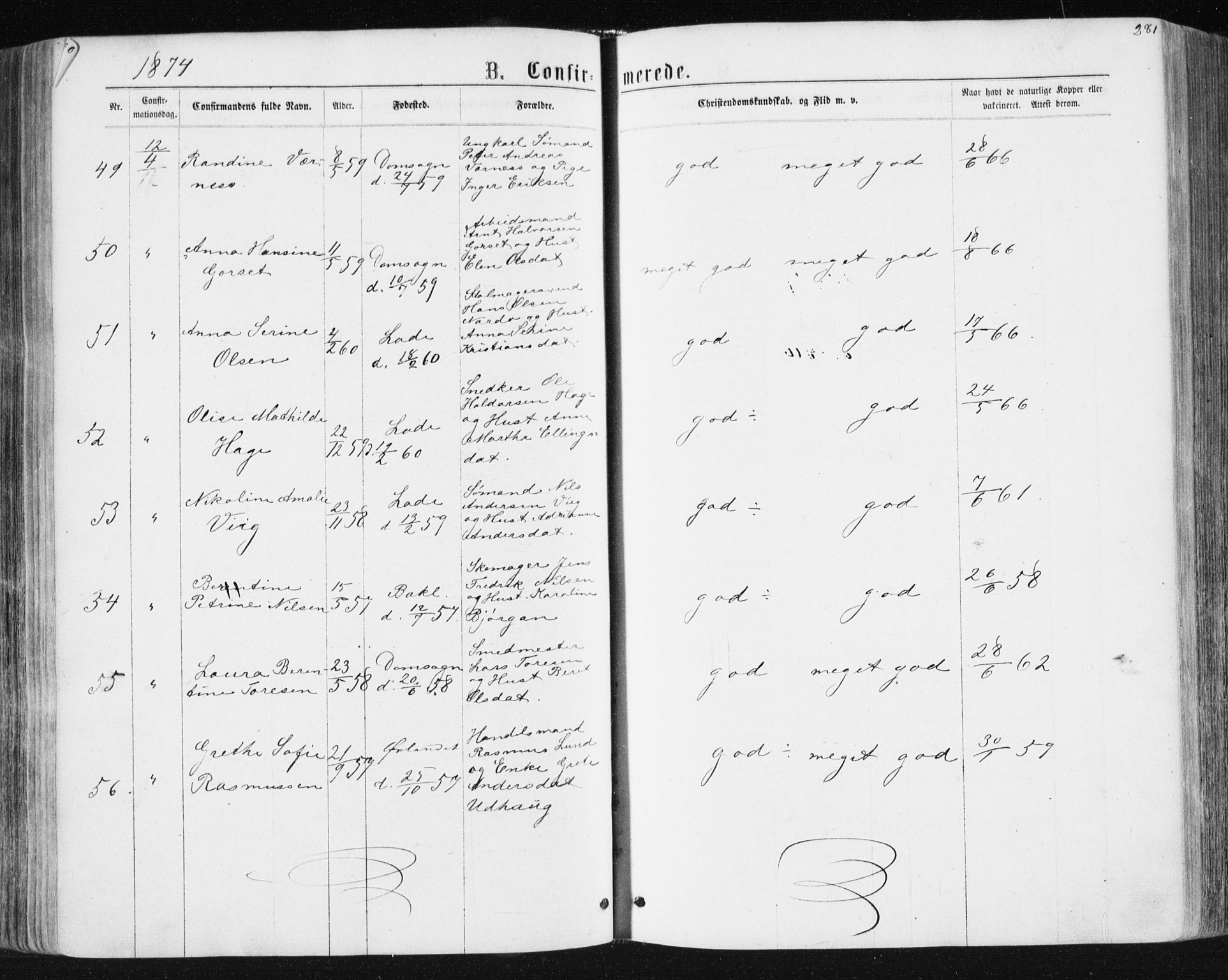 Ministerialprotokoller, klokkerbøker og fødselsregistre - Sør-Trøndelag, AV/SAT-A-1456/604/L0186: Parish register (official) no. 604A07, 1866-1877, p. 281