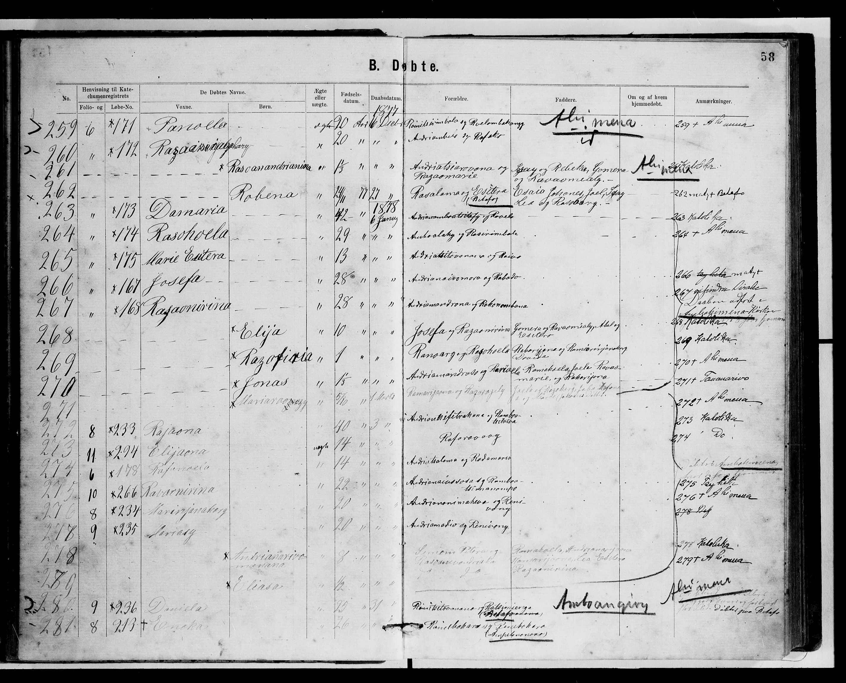 Archives FLM/NMS, Madagaskar, VID/MA-A-1163/D/Db/L0269: Parish register (official) no. 1, 1867-1884, p. 58