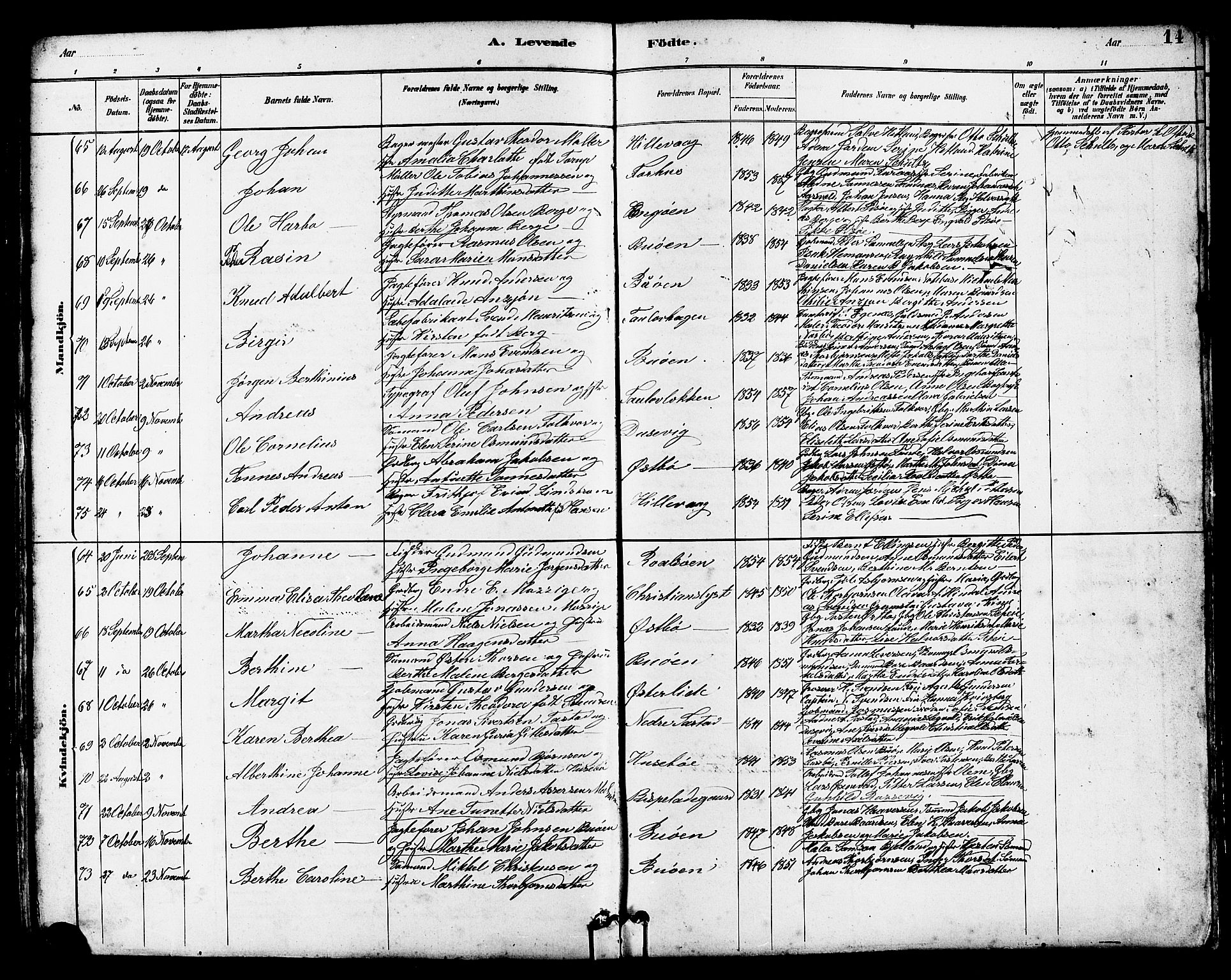 Hetland sokneprestkontor, AV/SAST-A-101826/30/30BB/L0005: Parish register (copy) no. B 5, 1878-1910, p. 14