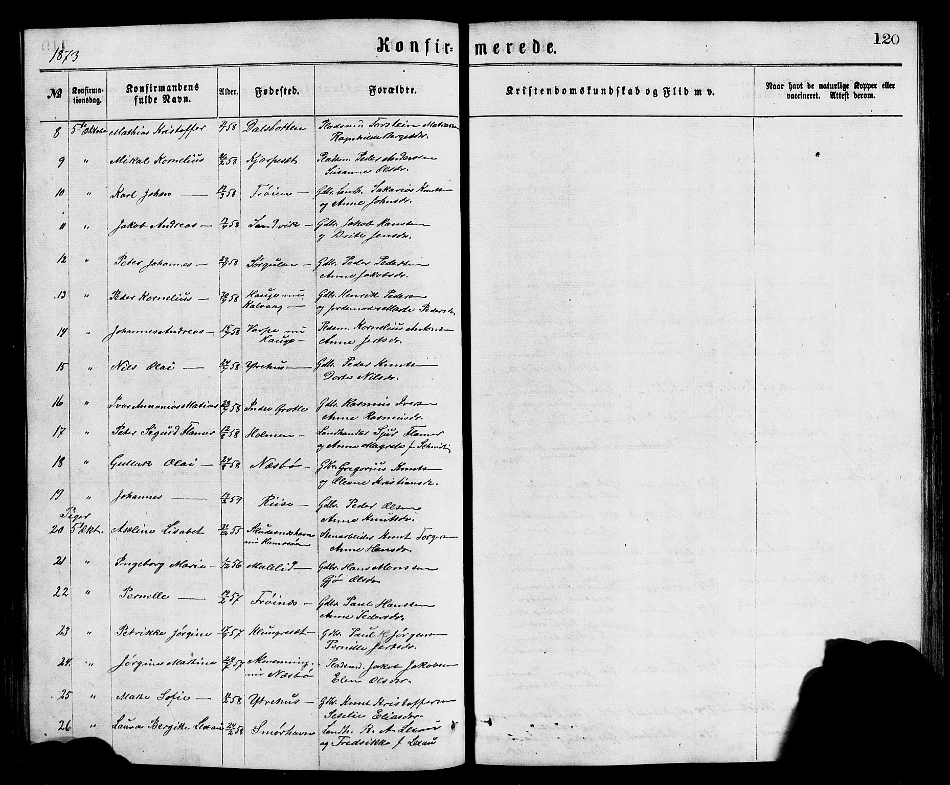 Bremanger sokneprestembete, AV/SAB-A-82201/H/Hab/Haba/L0002: Parish register (copy) no. A 2, 1866-1889, p. 120