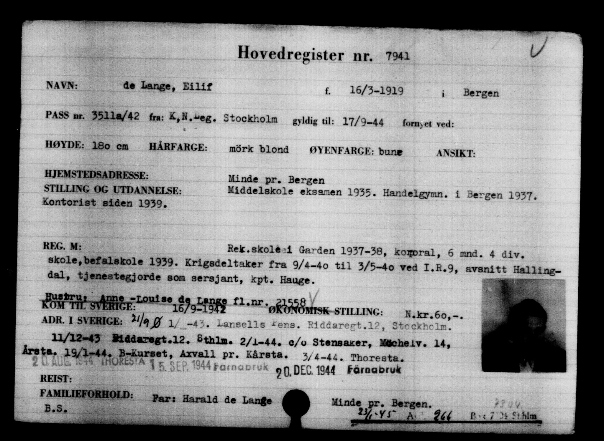 Utenriksstasjonene, Legasjonen i Stockholm, Flyktningkontoret, AV/RA-S-6753/V/Va/L0005: Kjesäterkartoteket, flyktninger med registreringsnr. 6600-9417, 1940-1945, p. 1568