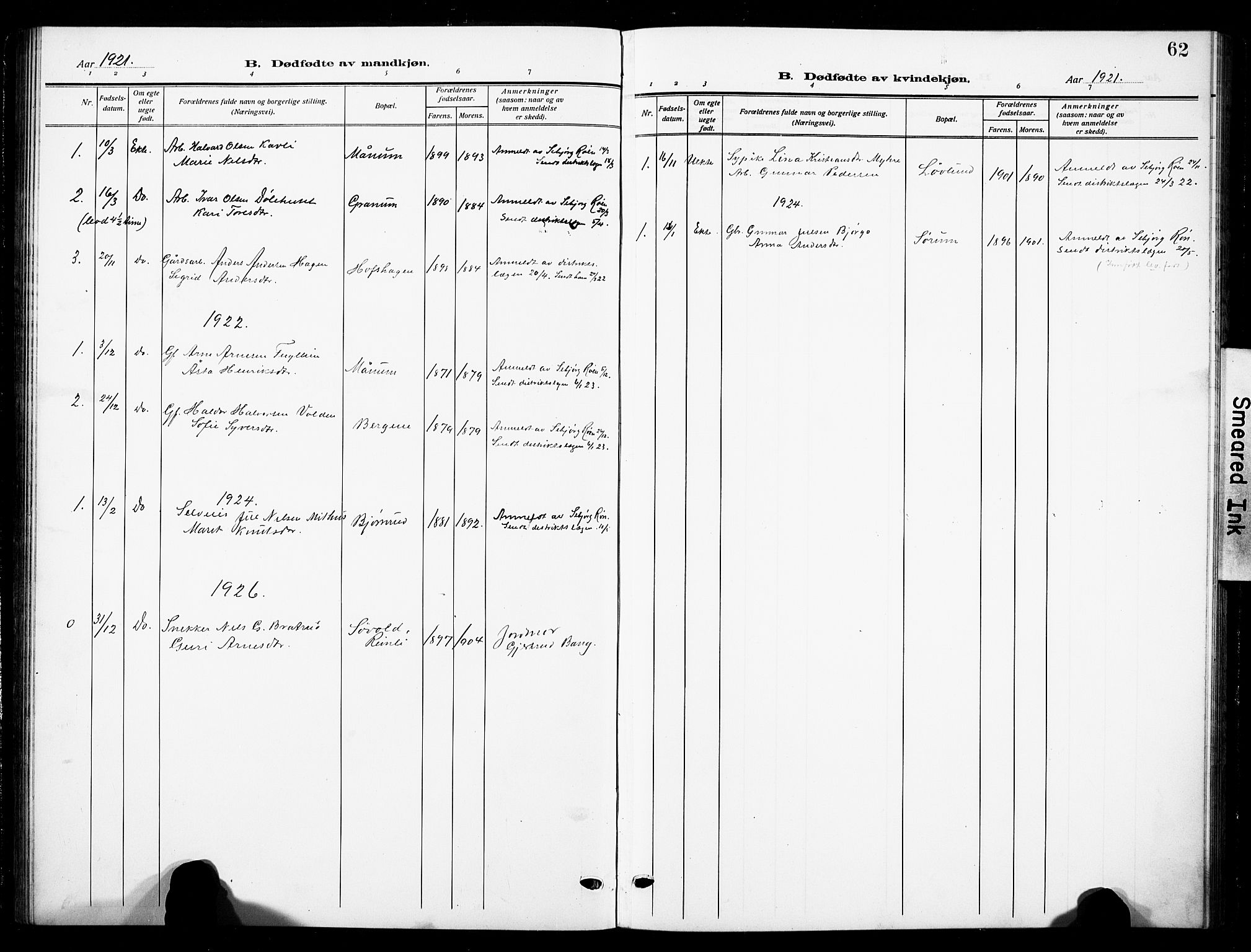 Nord-Aurdal prestekontor, SAH/PREST-132/H/Ha/Hab/L0016: Parish register (copy) no. 16, 1920-1932, p. 62
