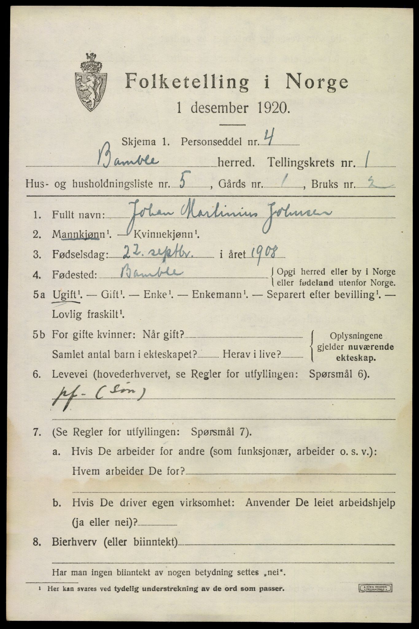 SAKO, 1920 census for Bamble, 1920, p. 2027