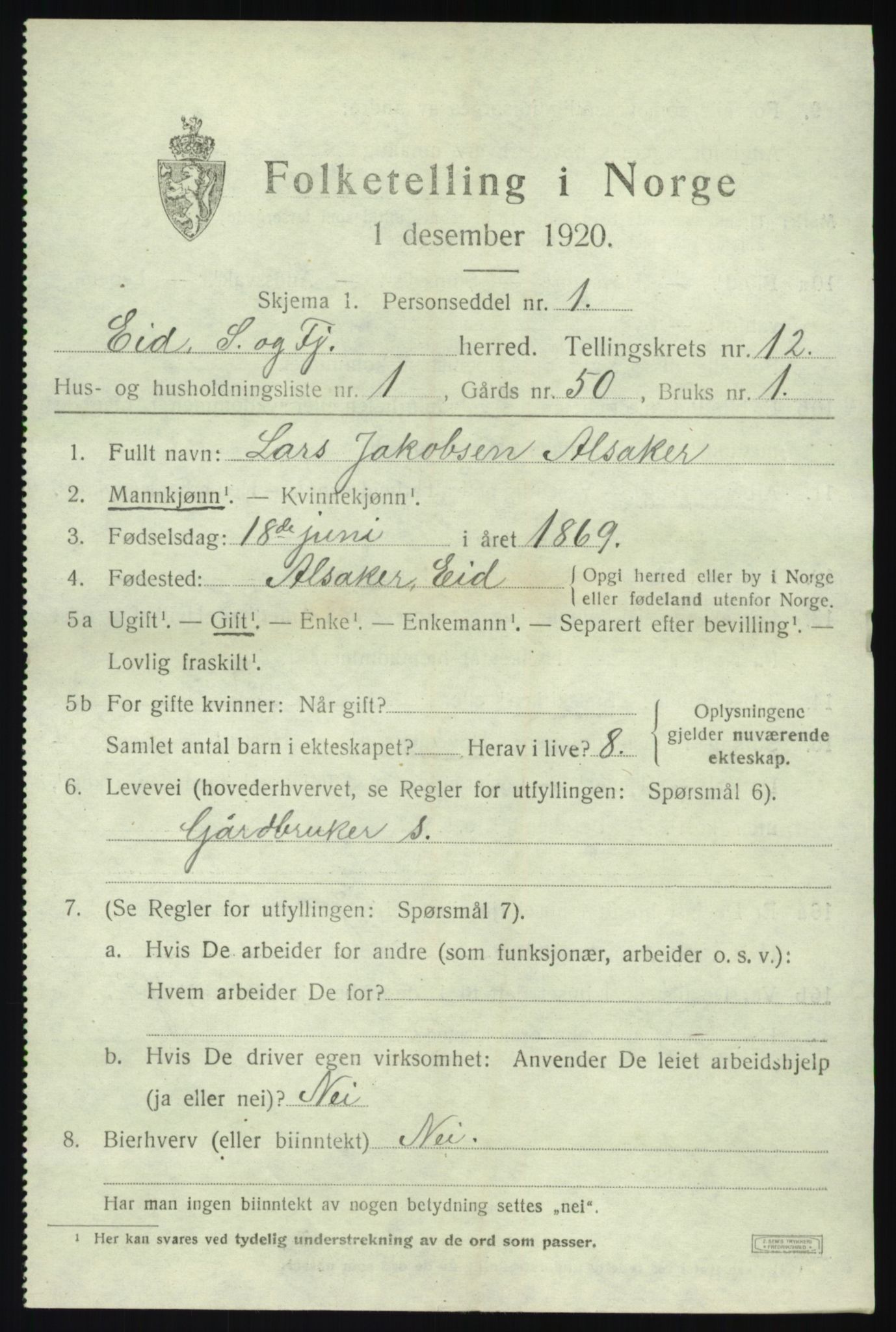 SAB, 1920 census for Eid, 1920, p. 7034