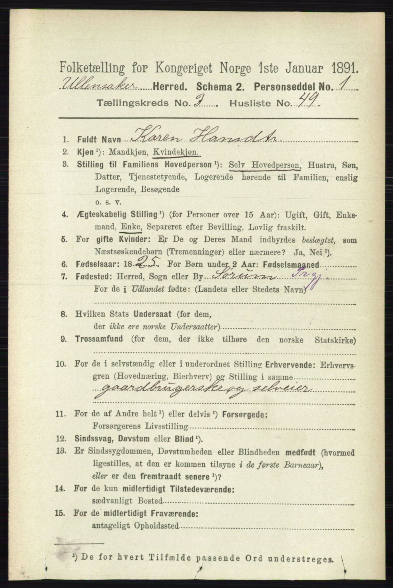 RA, 1891 census for 0235 Ullensaker, 1891, p. 1403