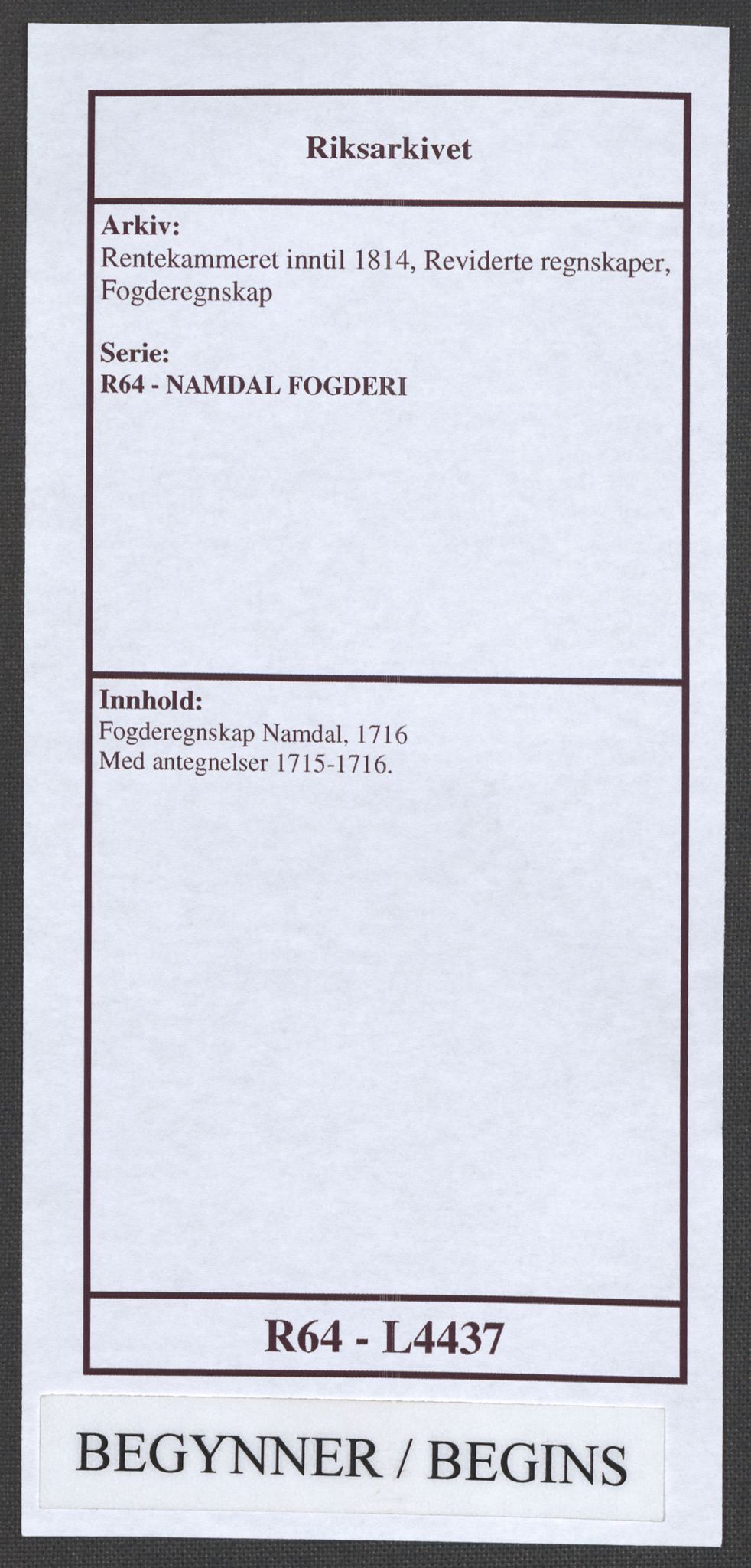 Rentekammeret inntil 1814, Reviderte regnskaper, Fogderegnskap, RA/EA-4092/R64/L4437: Fogderegnskap Namdal, 1716, p. 1
