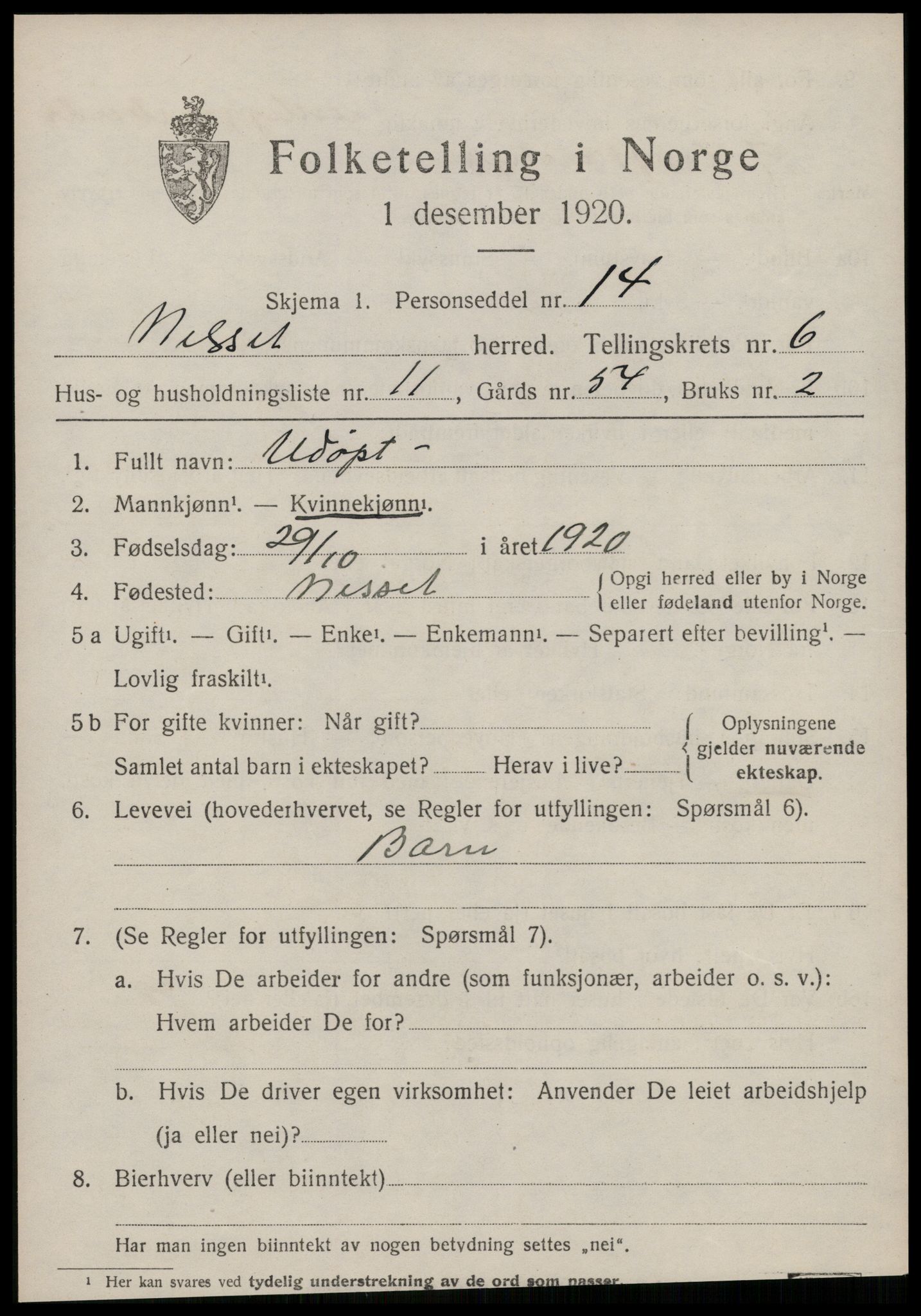 SAT, 1920 census for Nesset, 1920, p. 2912