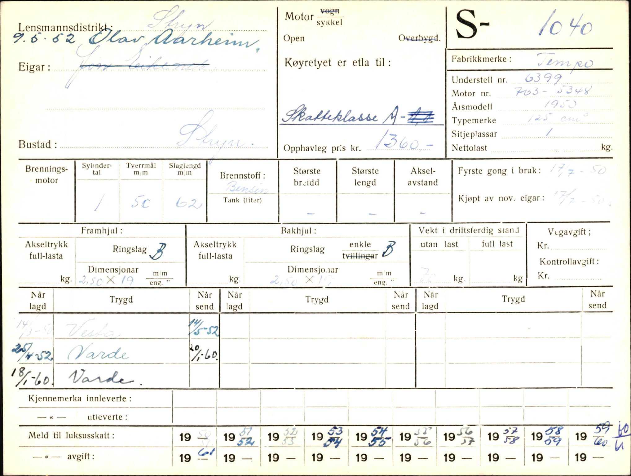 Statens vegvesen, Sogn og Fjordane vegkontor, AV/SAB-A-5301/4/F/L0003: Registerkort utmeldte Fjordane S1000-2499, 1930-1961, p. 70