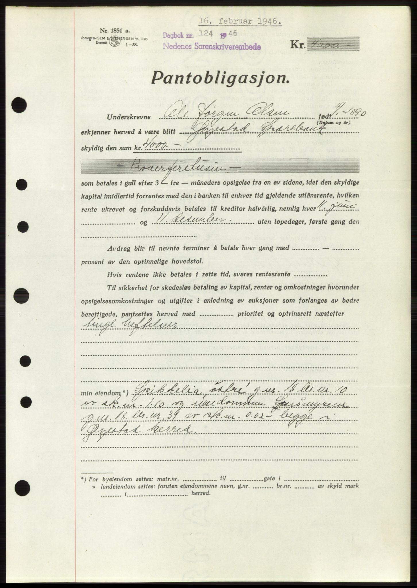 Nedenes sorenskriveri, SAK/1221-0006/G/Gb/Gbb/L0003: Mortgage book no. B3b, 1946-1946, Diary no: : 124/1946