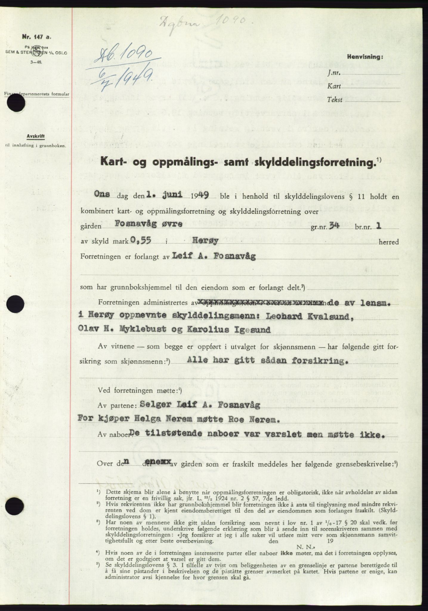 Søre Sunnmøre sorenskriveri, AV/SAT-A-4122/1/2/2C/L0084: Mortgage book no. 10A, 1949-1949, Diary no: : 1090/1949