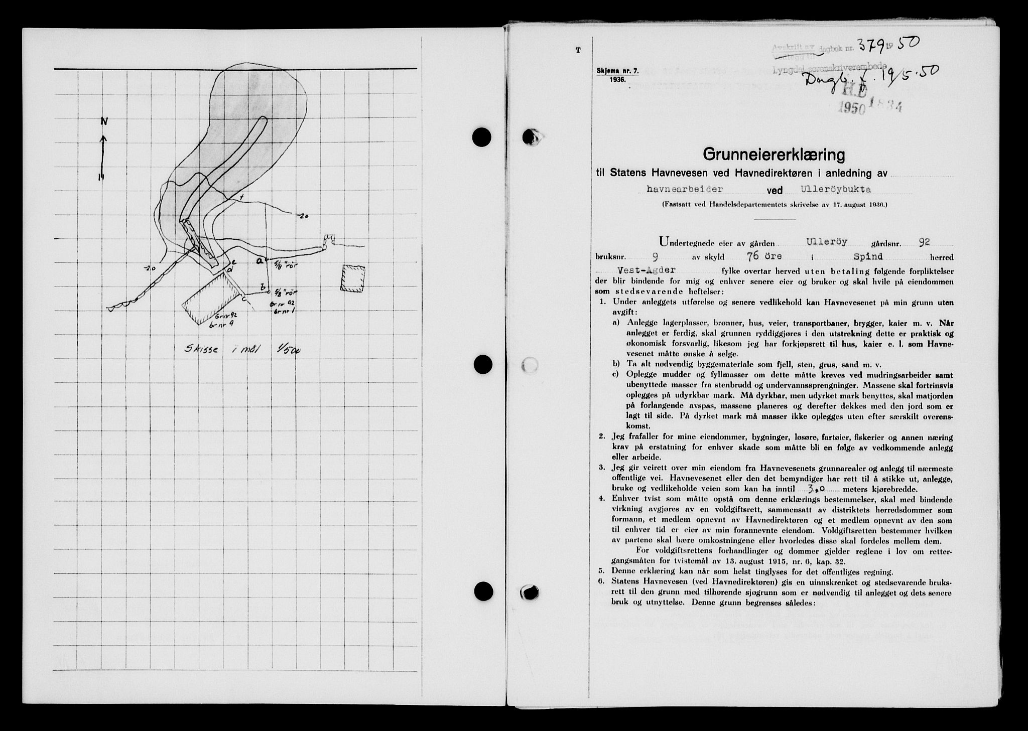 Lyngdal sorenskriveri, AV/SAK-1221-0004/G/Gb/L0665: Mortgage book no. A XI, 1950-1950, Diary no: : 379/1950