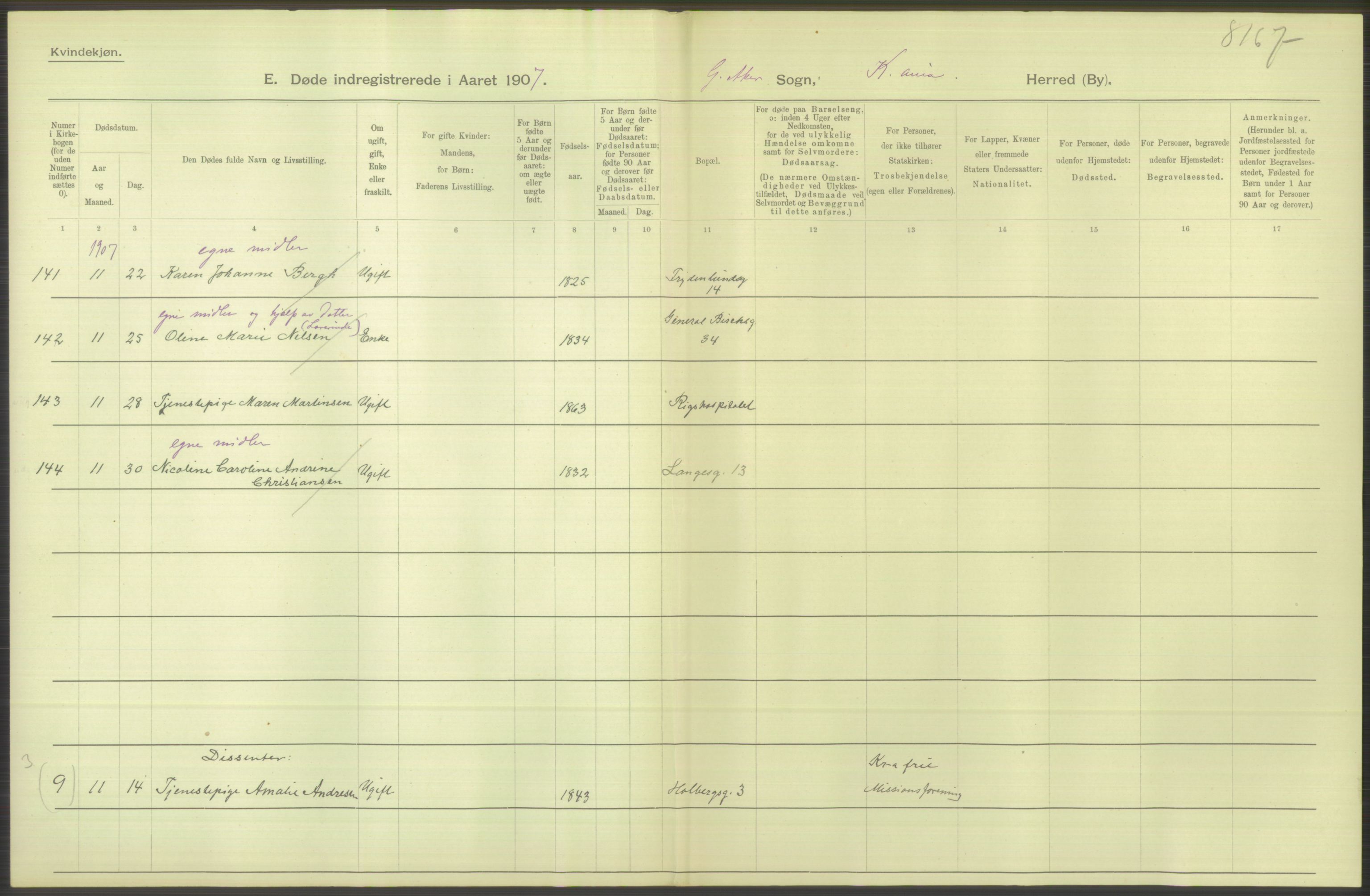 Statistisk sentralbyrå, Sosiodemografiske emner, Befolkning, RA/S-2228/D/Df/Dfa/Dfae/L0009: Kristiania: Døde, 1907, p. 224