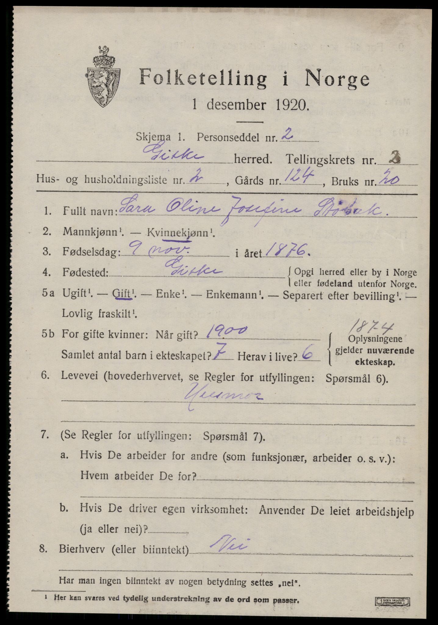 SAT, 1920 census for Giske, 1920, p. 882