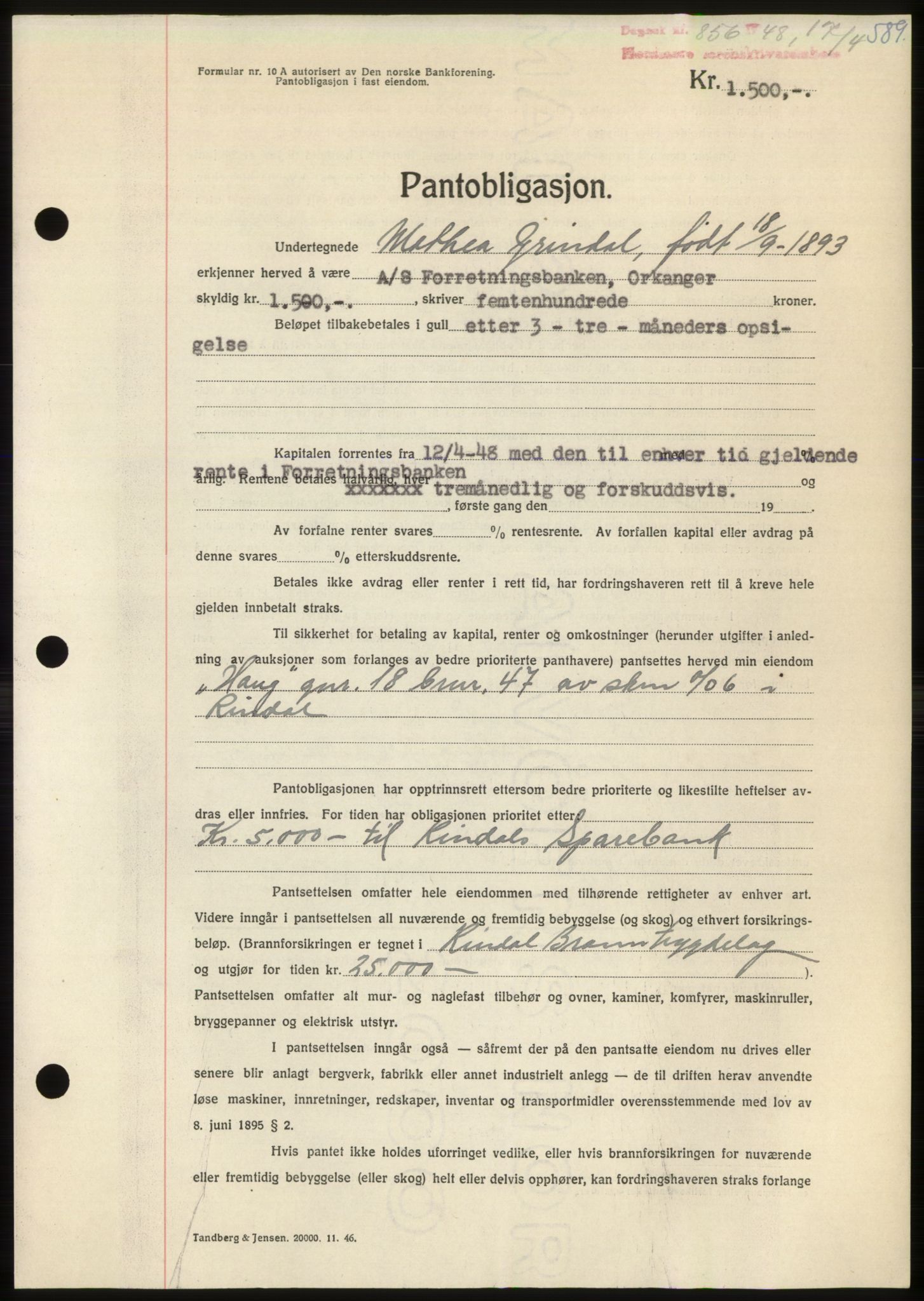 Nordmøre sorenskriveri, AV/SAT-A-4132/1/2/2Ca: Mortgage book no. B98, 1948-1948, Diary no: : 856/1948