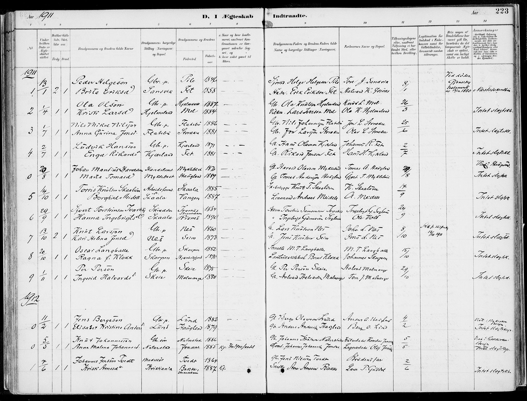 Kvinnherad sokneprestembete, SAB/A-76401/H/Haa: Parish register (official) no. B  1, 1887-1921, p. 223