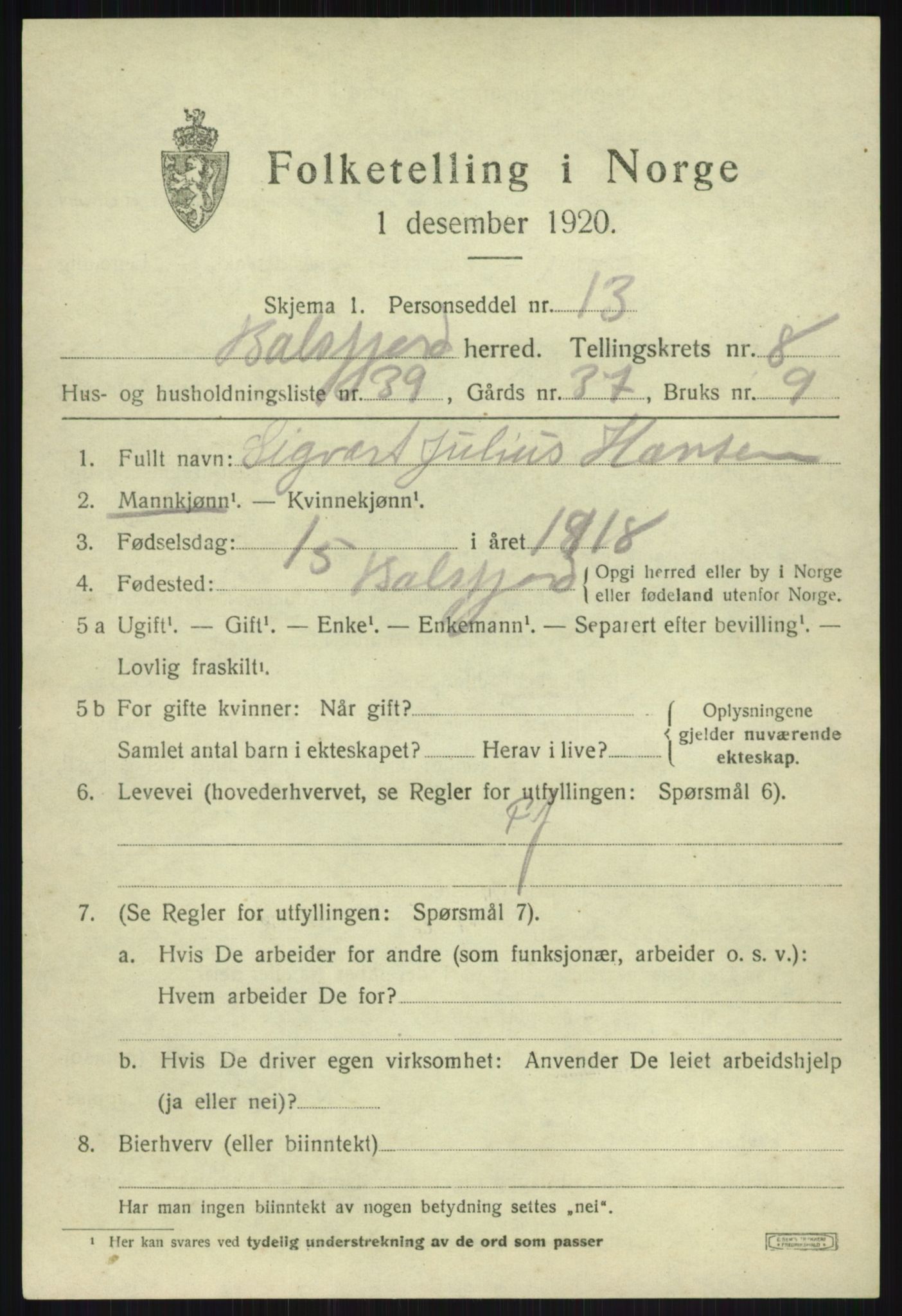 SATØ, 1920 census for Balsfjord, 1920, p. 5037