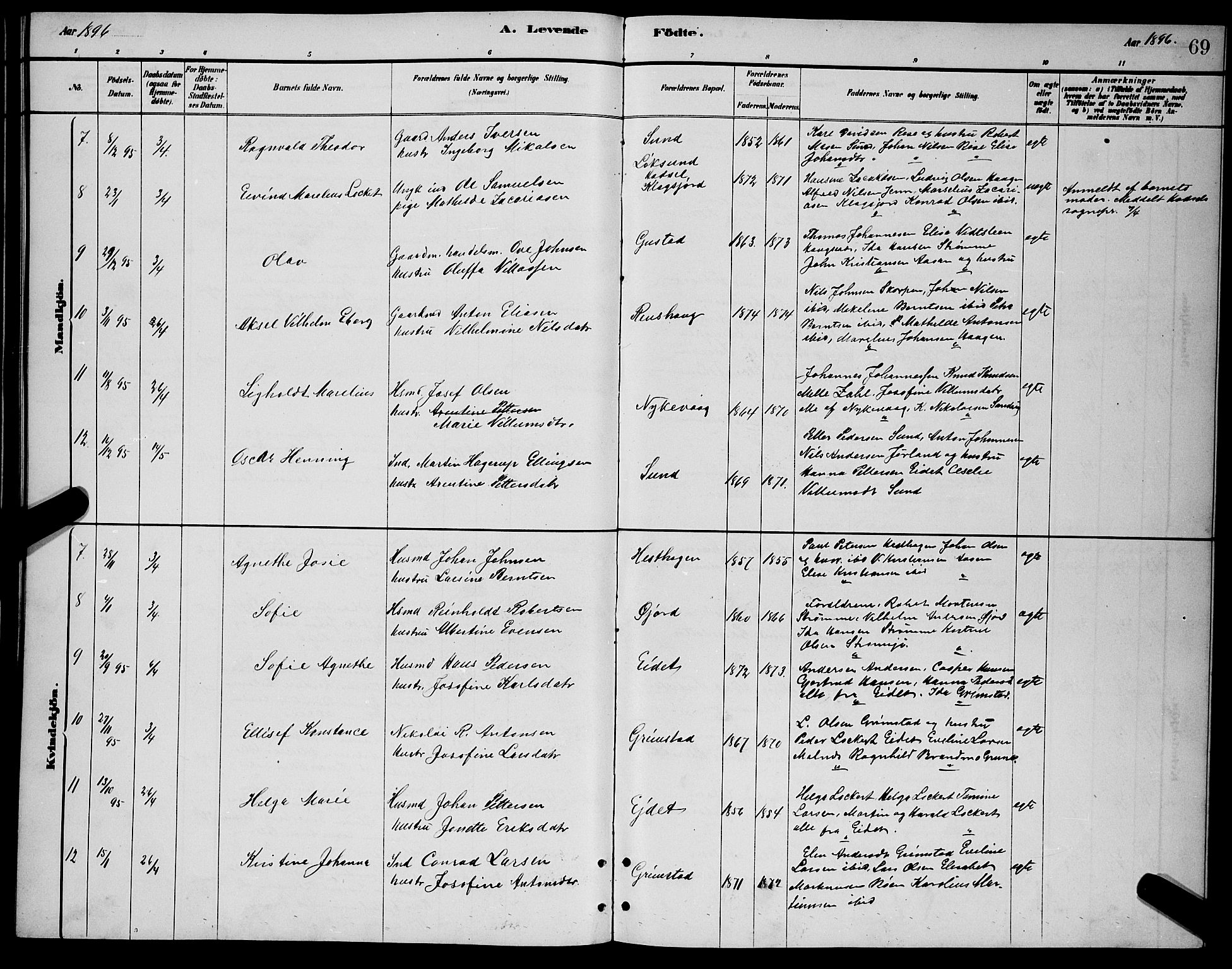 Ministerialprotokoller, klokkerbøker og fødselsregistre - Nordland, AV/SAT-A-1459/892/L1325: Parish register (copy) no. 892C02, 1878-1896, p. 69