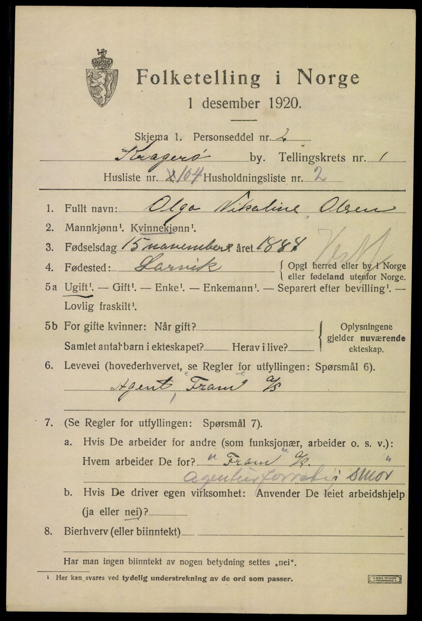 SAKO, 1920 census for Kragerø, 1920, p. 5303