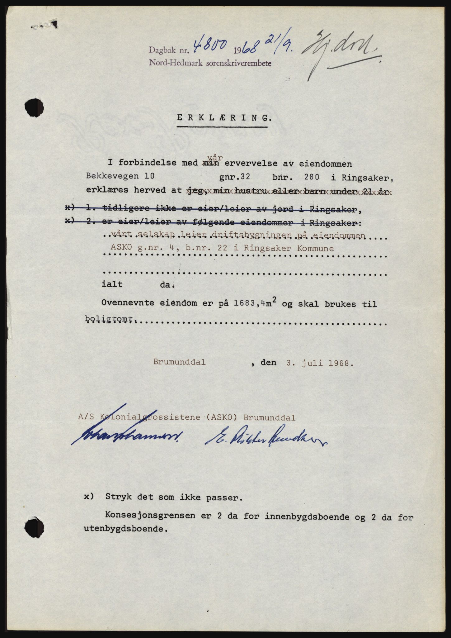Nord-Hedmark sorenskriveri, SAH/TING-012/H/Hc/L0028: Mortgage book no. 28, 1968-1968, Diary no: : 4800/1968