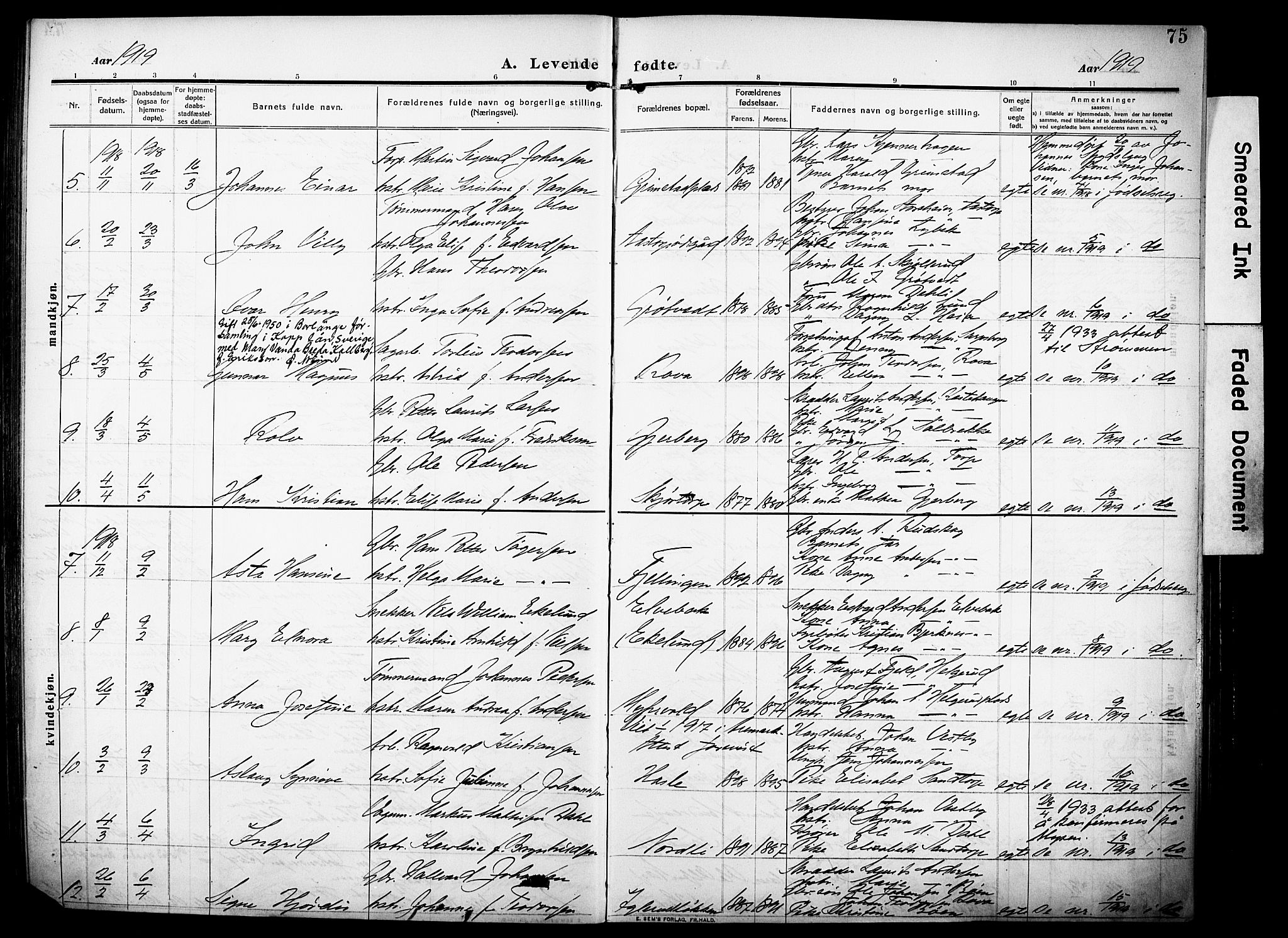 Rakkestad prestekontor Kirkebøker, AV/SAO-A-2008/F/Fa/L0015: Parish register (official) no. I 15, 1909-1922, p. 75