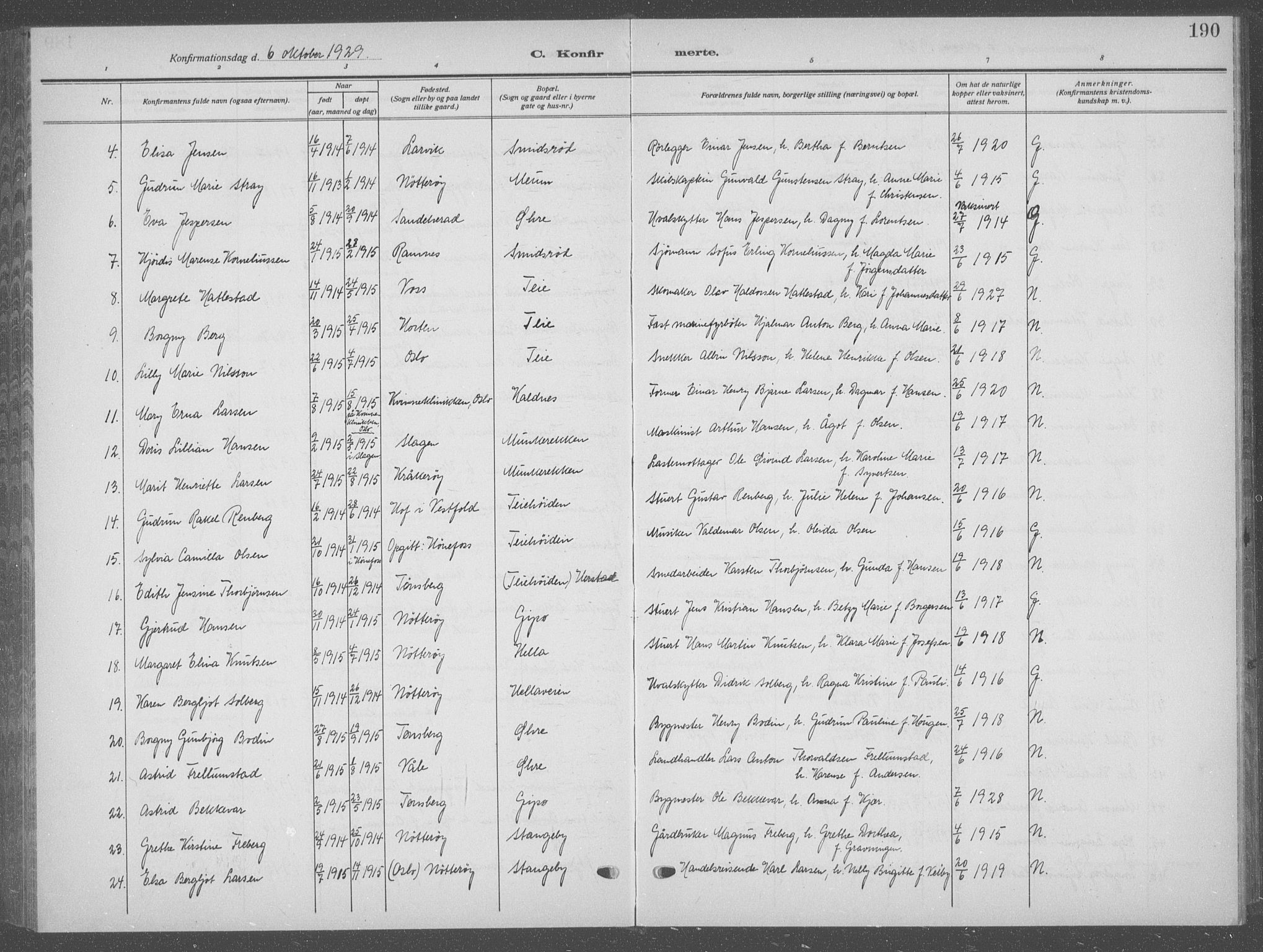 Nøtterøy kirkebøker, AV/SAKO-A-354/G/Ga/L0006: Parish register (copy) no. I 6, 1925-1939, p. 190