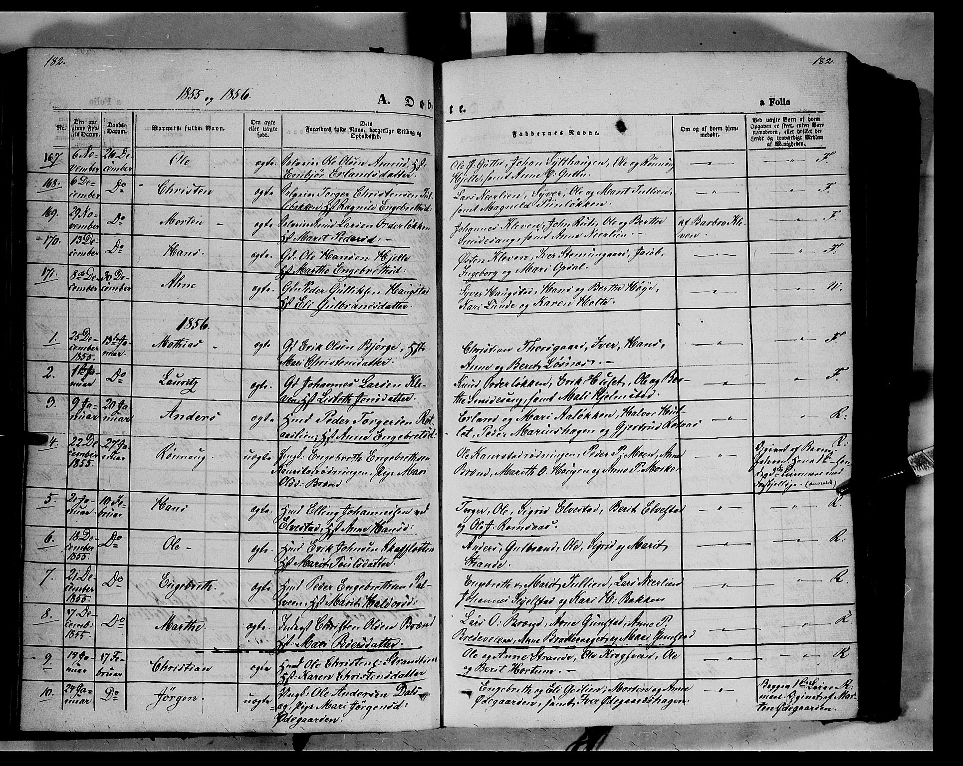 Ringebu prestekontor, SAH/PREST-082/H/Ha/Haa/L0006: Parish register (official) no. 6, 1848-1859, p. 182