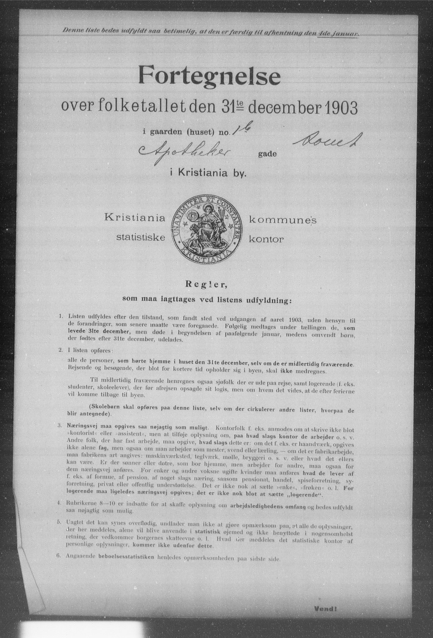 OBA, Municipal Census 1903 for Kristiania, 1903, p. 432