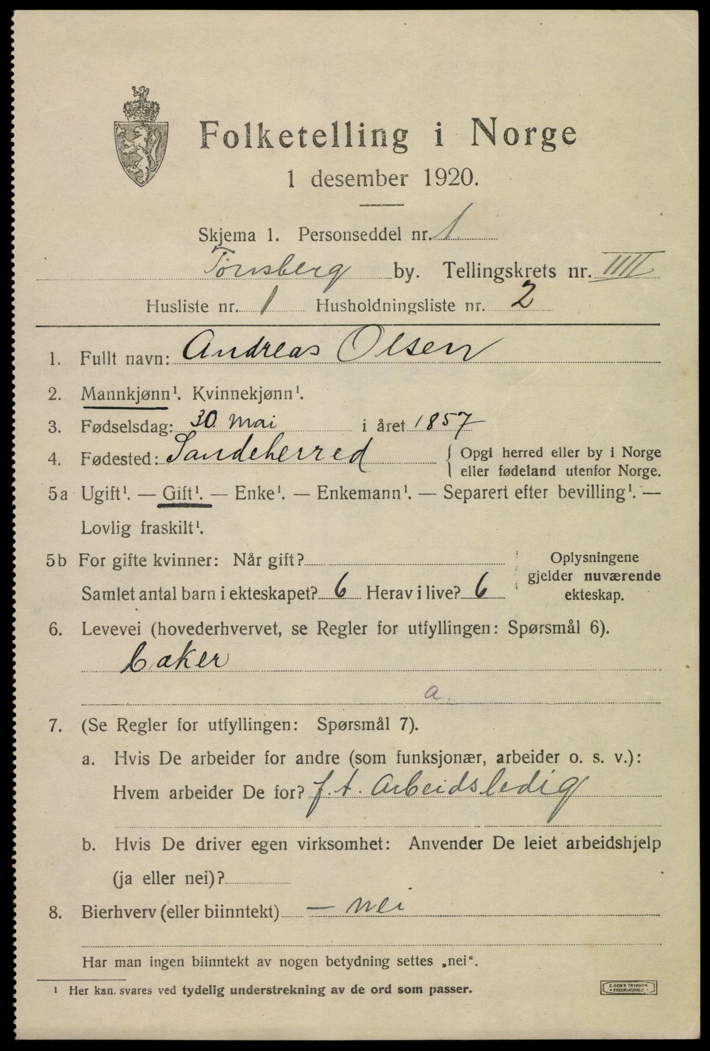 SAKO, 1920 census for Tønsberg, 1920, p. 12013