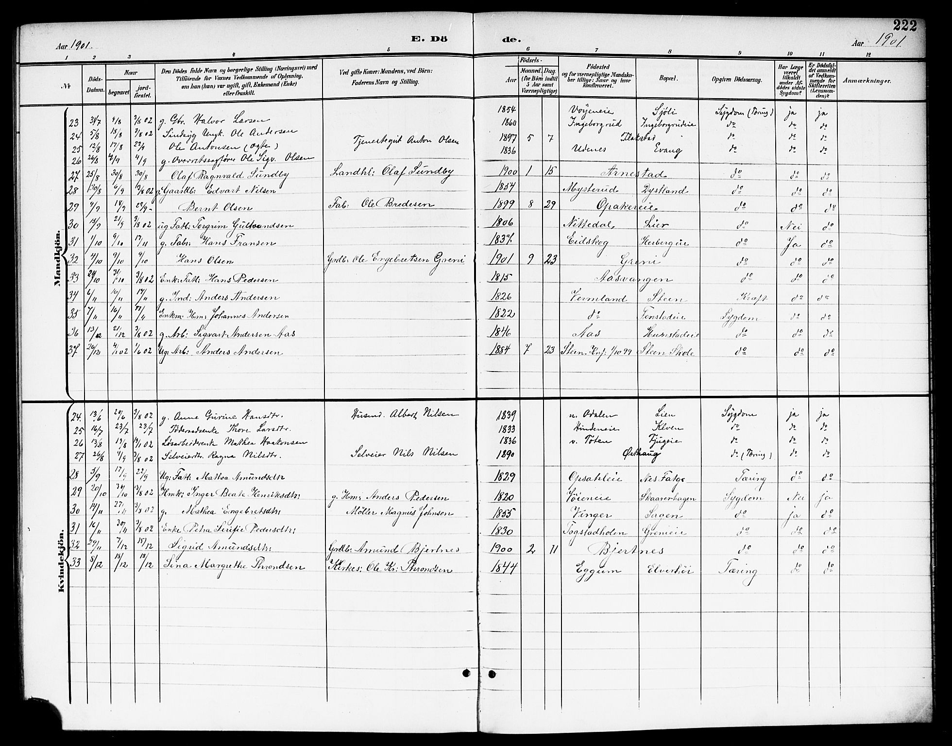 Nes prestekontor Kirkebøker, AV/SAO-A-10410/G/Ga/L0002: Parish register (copy) no. I 2, 1901-1912, p. 222