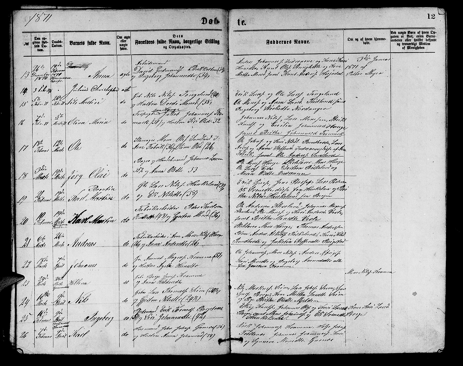 Arna Sokneprestembete, SAB/A-74001/H/Ha/Hab: Parish register (copy) no. A 1, 1869-1879, p. 12