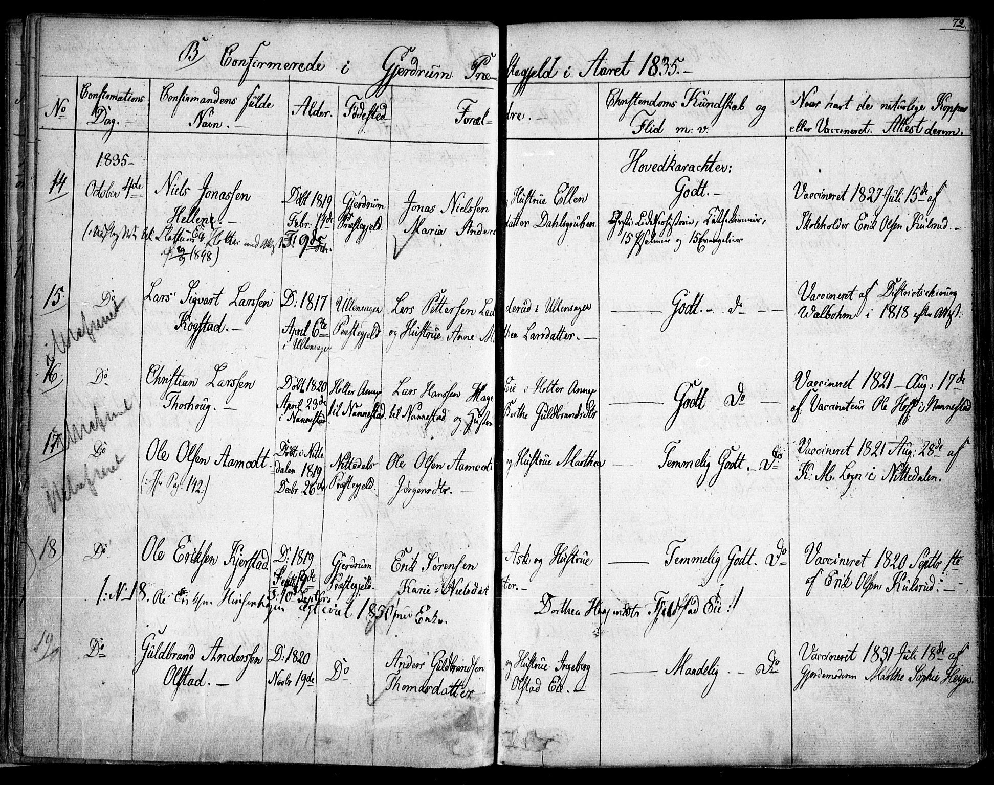 Gjerdrum prestekontor Kirkebøker, AV/SAO-A-10412b/F/Fa/L0005: Parish register (official) no. I 5, 1835-1845, p. 72