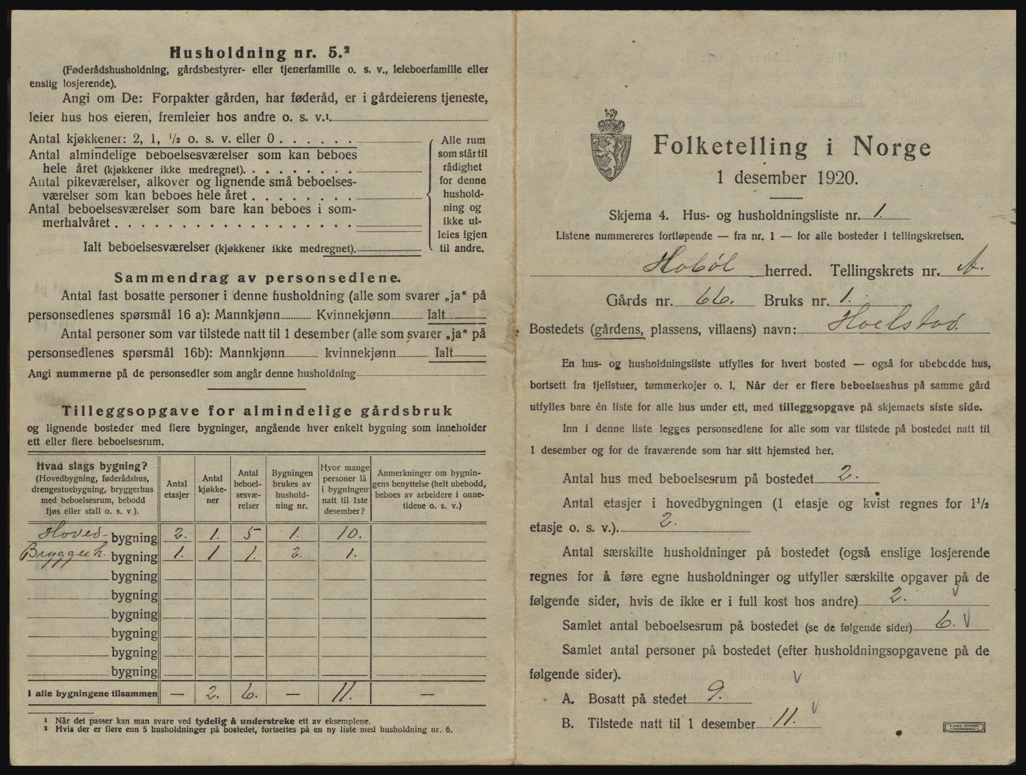 SAO, 1920 census for Hobøl, 1920, p. 36