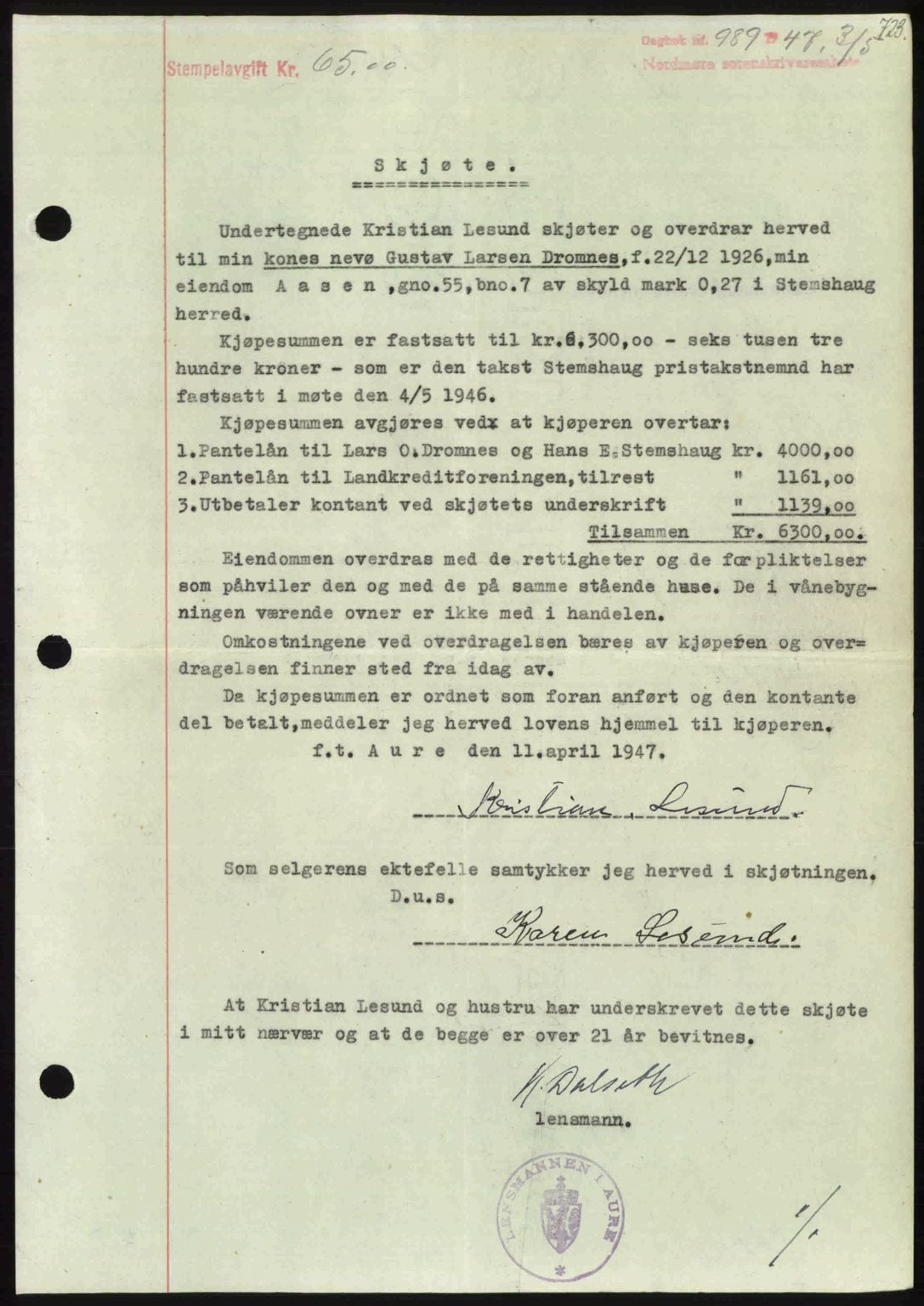 Nordmøre sorenskriveri, AV/SAT-A-4132/1/2/2Ca: Mortgage book no. A104, 1947-1947, Diary no: : 989/1947