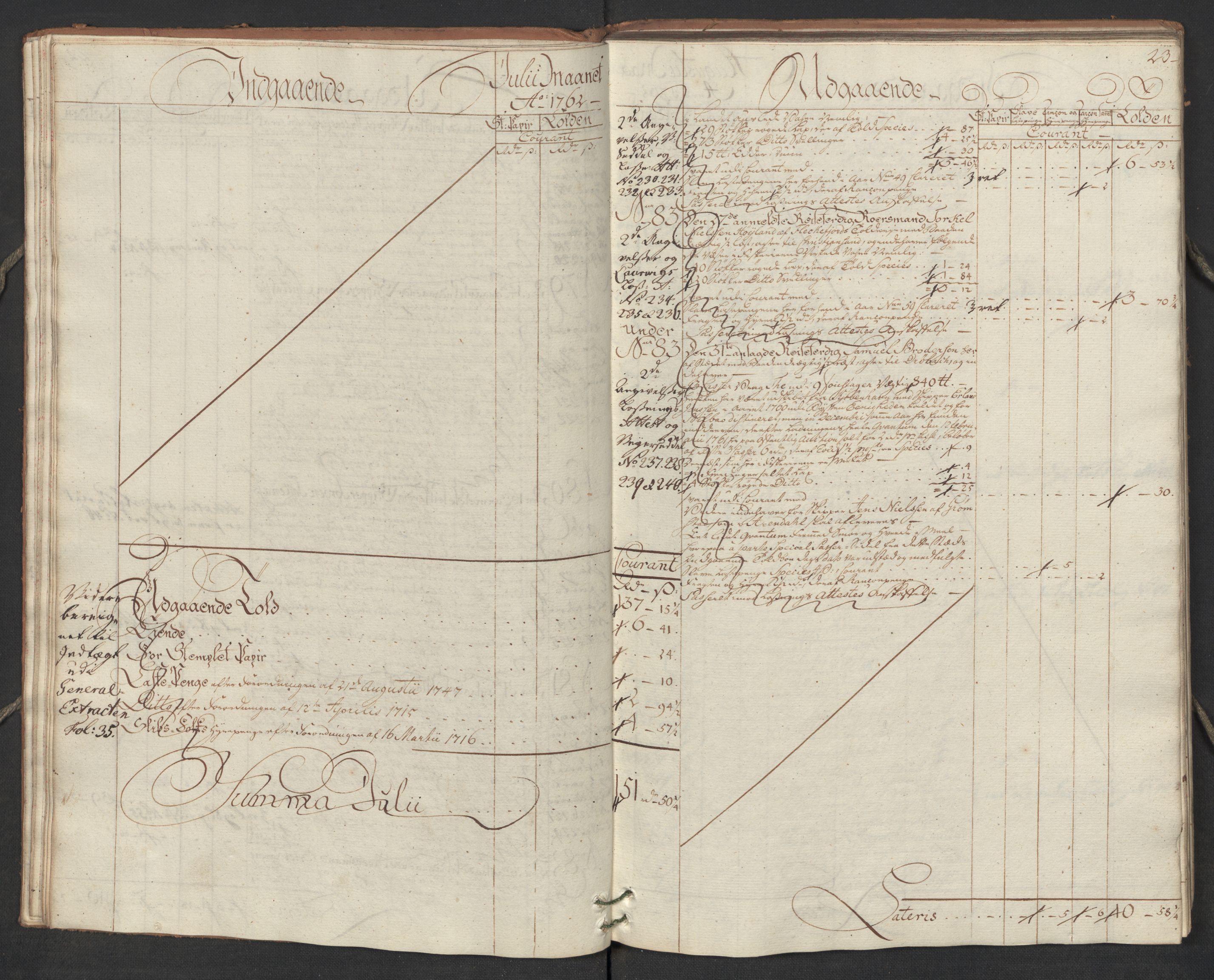 Generaltollkammeret, tollregnskaper, AV/RA-EA-5490/R17/L0023/0005: Tollregnskaper Mandal / Utgående hovedtollbok, 1762, p. 22b-23a