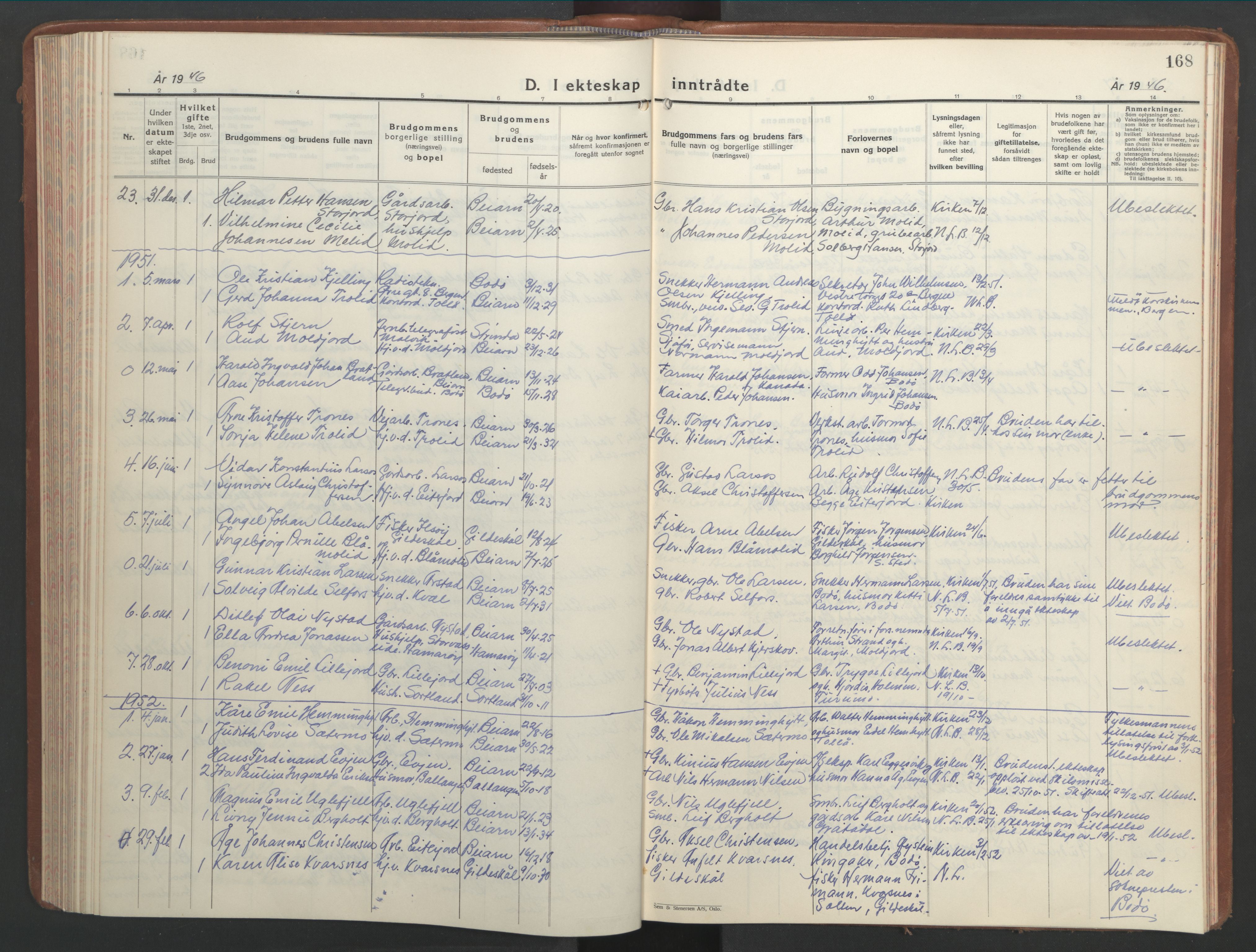 Ministerialprotokoller, klokkerbøker og fødselsregistre - Nordland, SAT/A-1459/846/L0657: Parish register (copy) no. 846C07, 1936-1952, p. 168