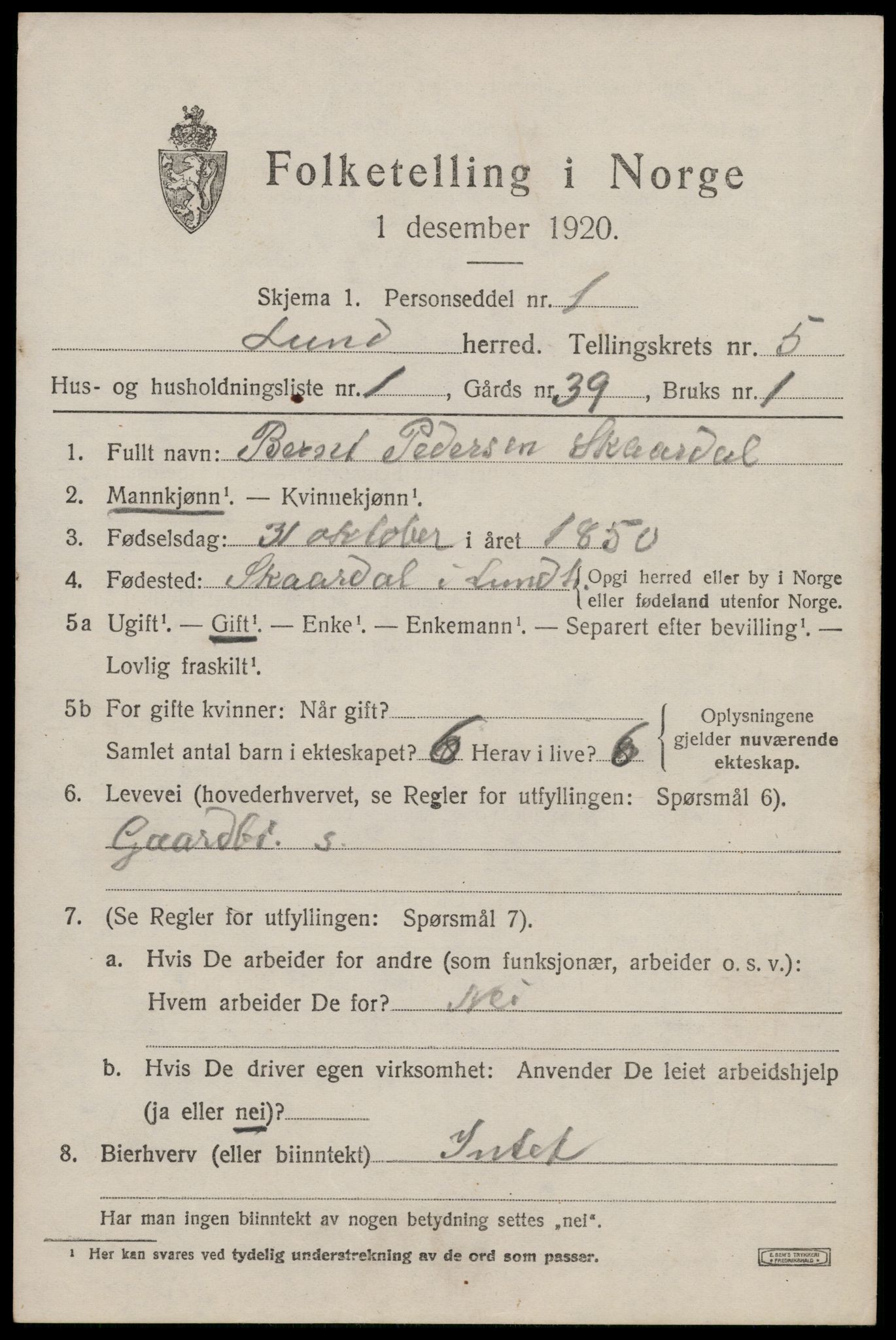 SAST, 1920 census for Lund, 1920, p. 3132