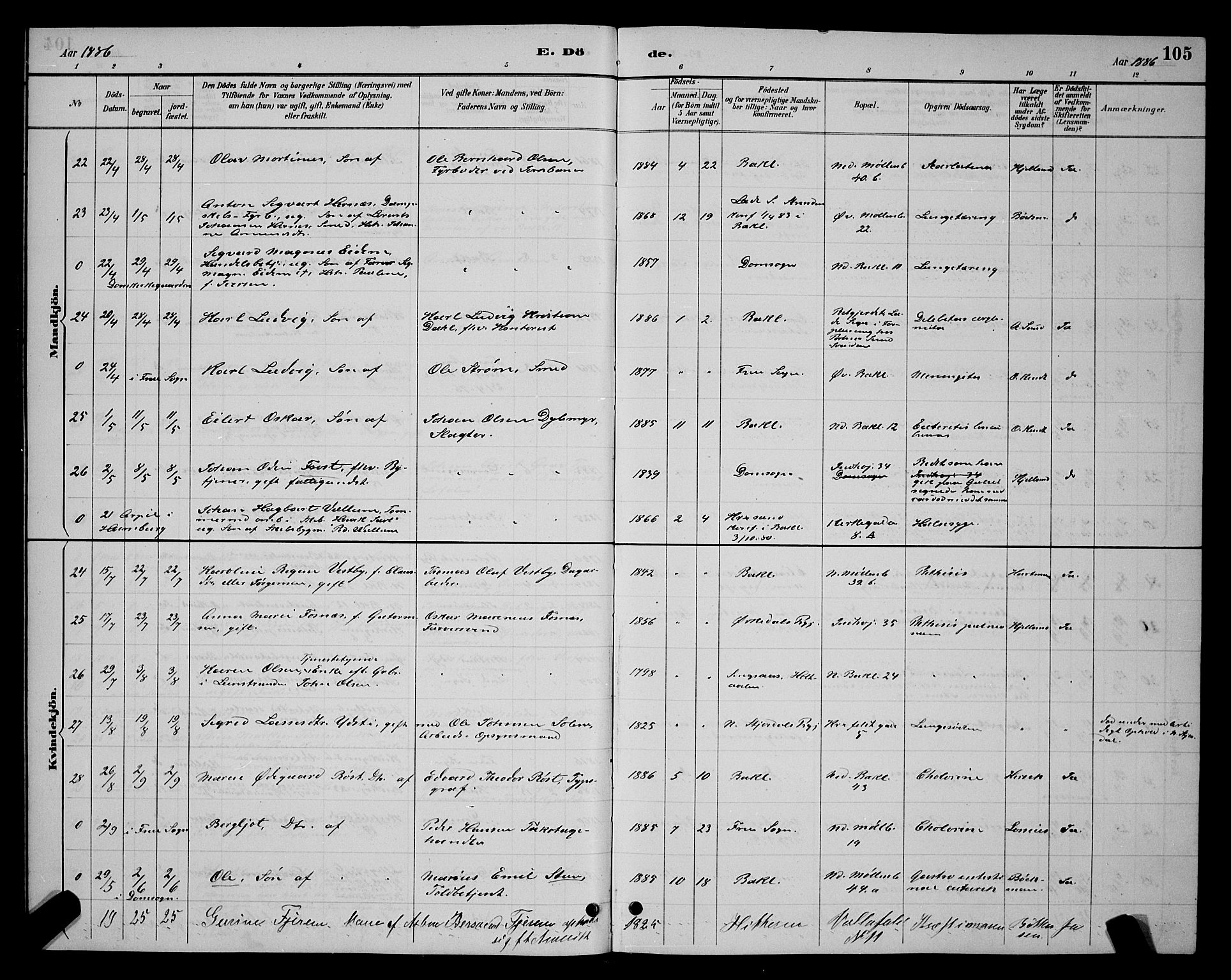 Ministerialprotokoller, klokkerbøker og fødselsregistre - Sør-Trøndelag, SAT/A-1456/604/L0223: Parish register (copy) no. 604C06, 1886-1897, p. 105