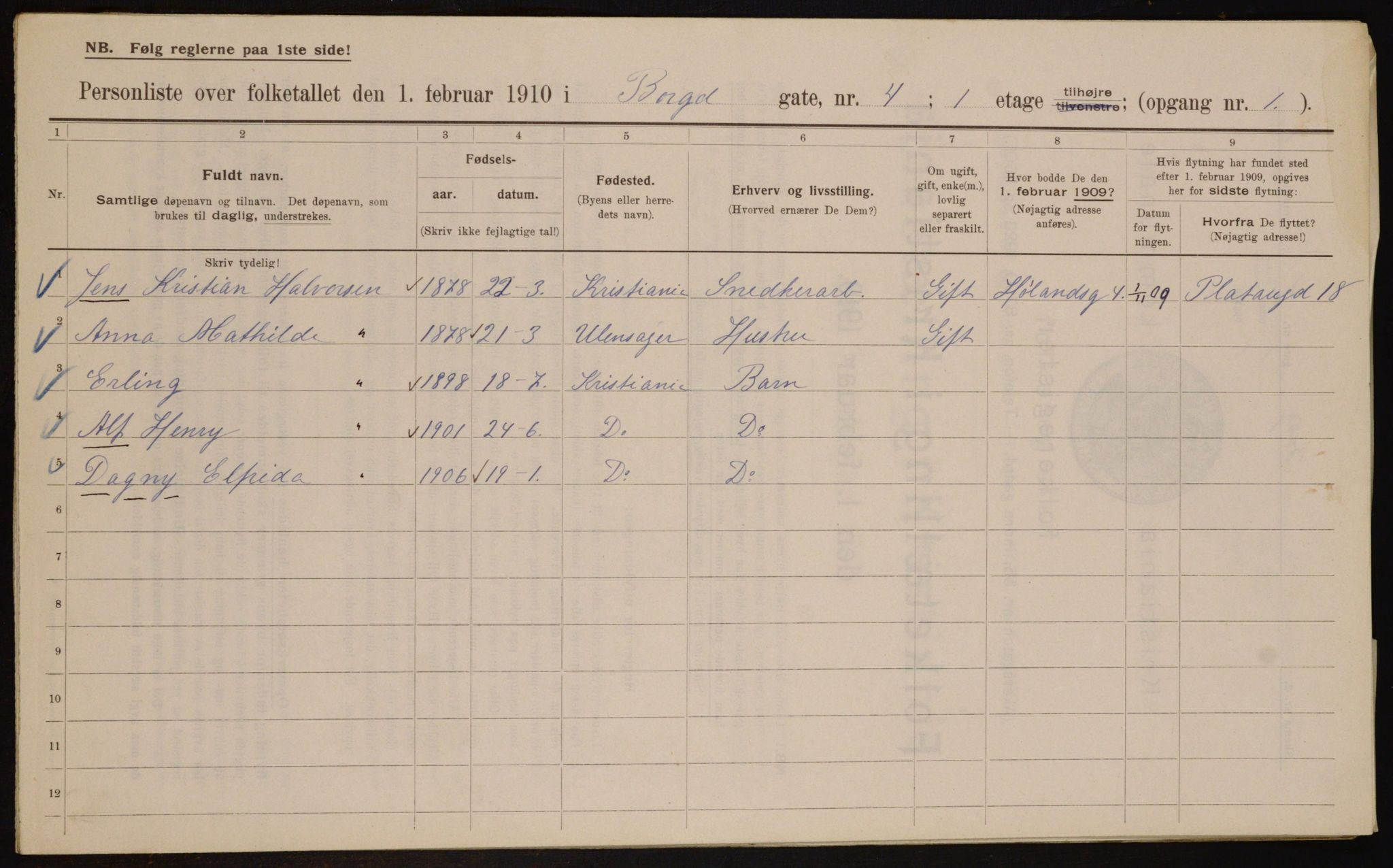 OBA, Municipal Census 1910 for Kristiania, 1910, p. 7399