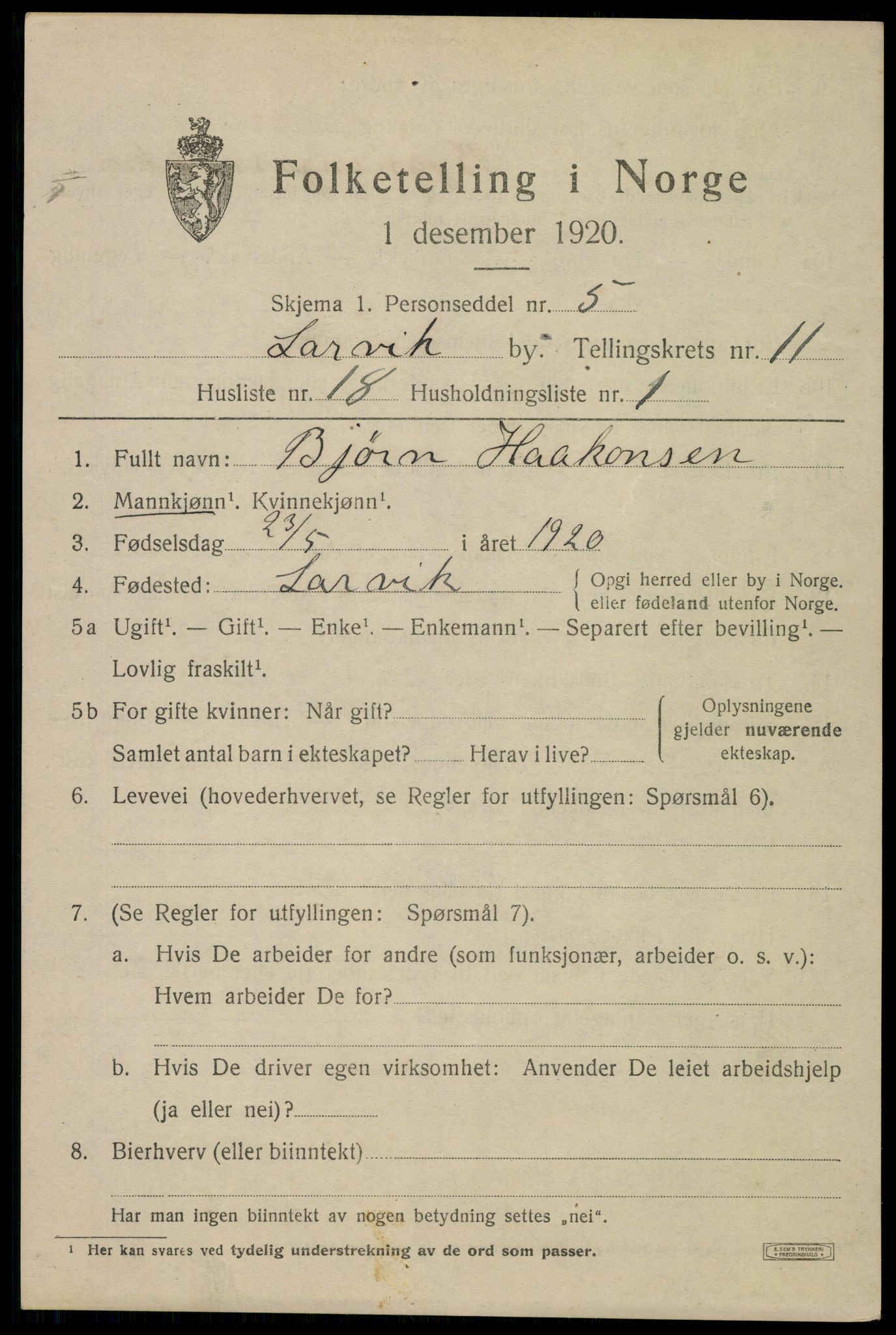 SAKO, 1920 census for Larvik, 1920, p. 28708