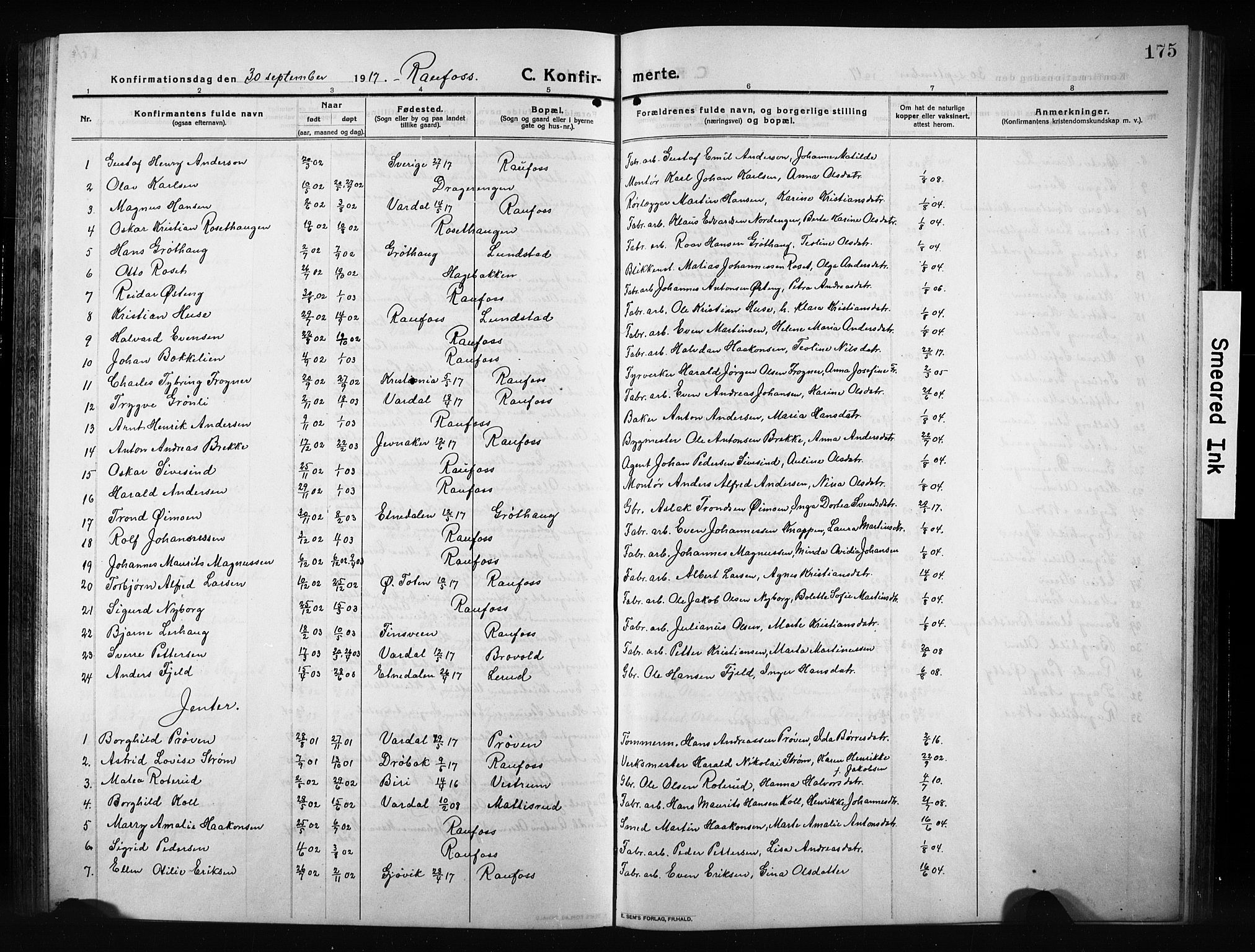 Vestre Toten prestekontor, AV/SAH-PREST-108/H/Ha/Hab/L0012: Parish register (copy) no. 12, 1909-1928, p. 175