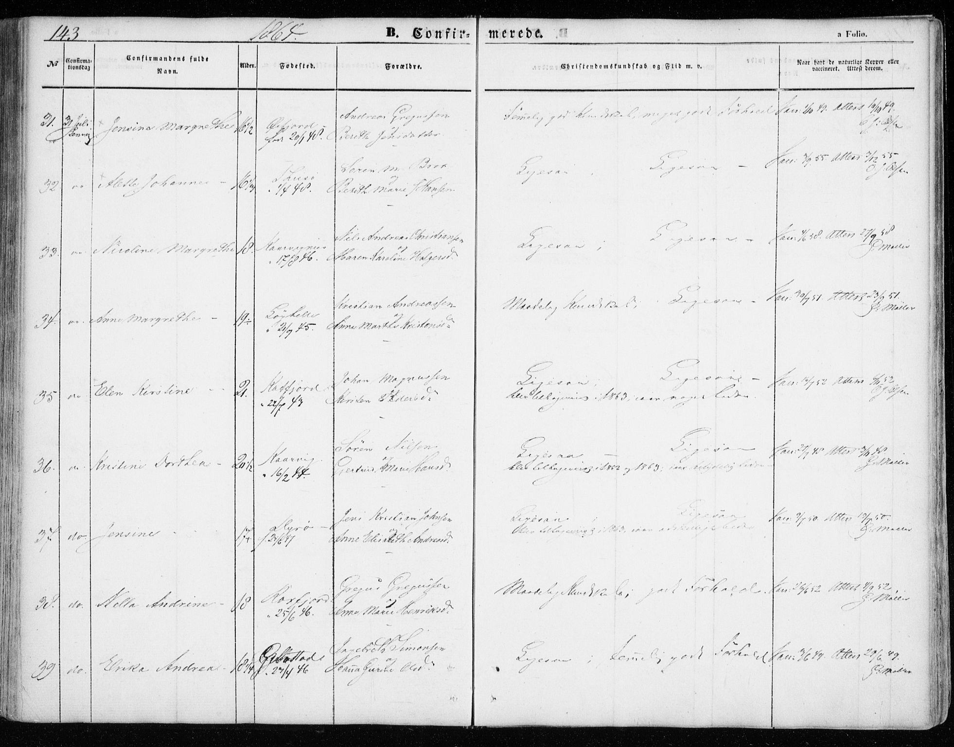 Lenvik sokneprestembete, AV/SATØ-S-1310/H/Ha/Haa/L0007kirke: Parish register (official) no. 7, 1855-1865, p. 143