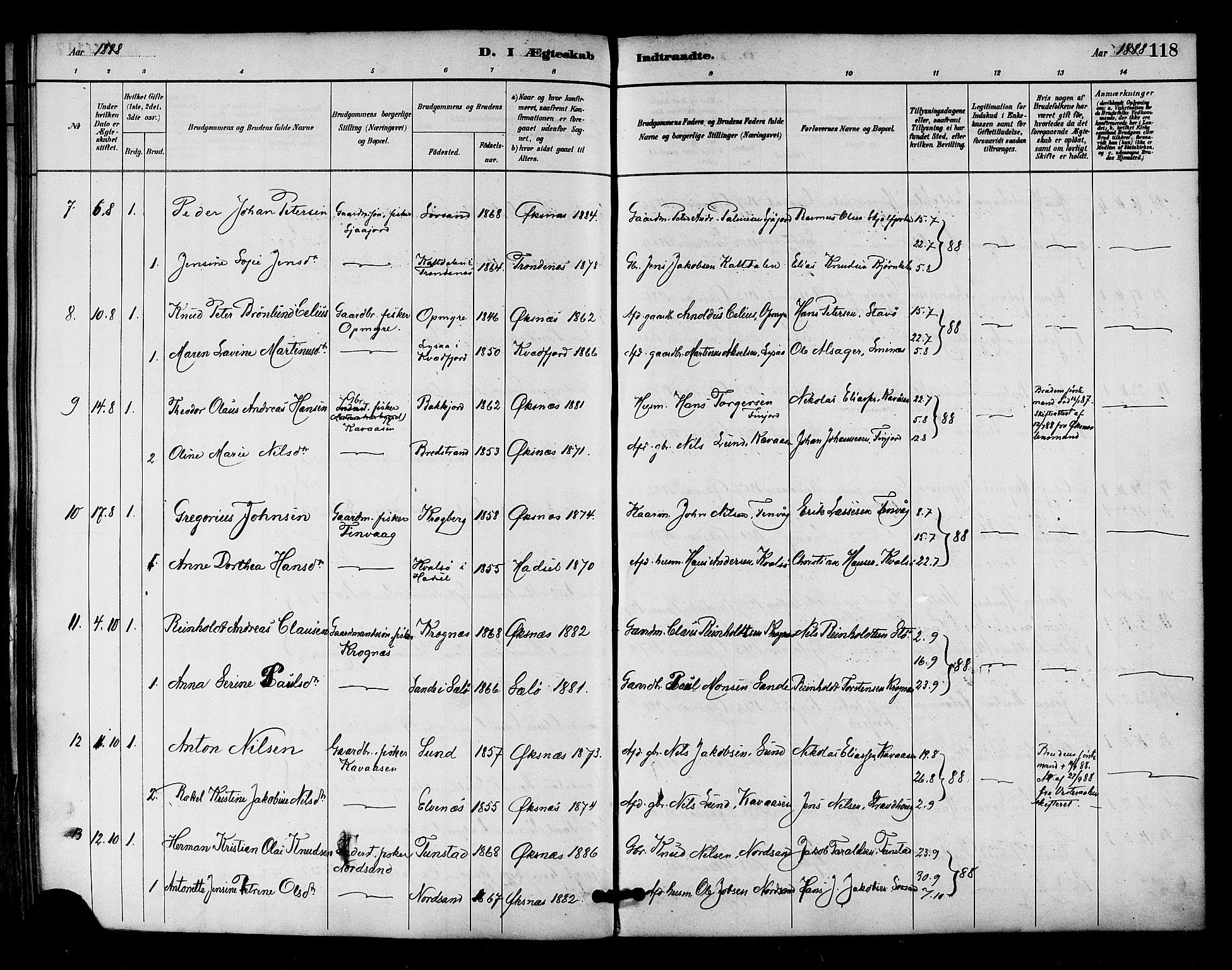 Ministerialprotokoller, klokkerbøker og fødselsregistre - Nordland, AV/SAT-A-1459/893/L1337: Parish register (official) no. 893A09, 1885-1893, p. 118